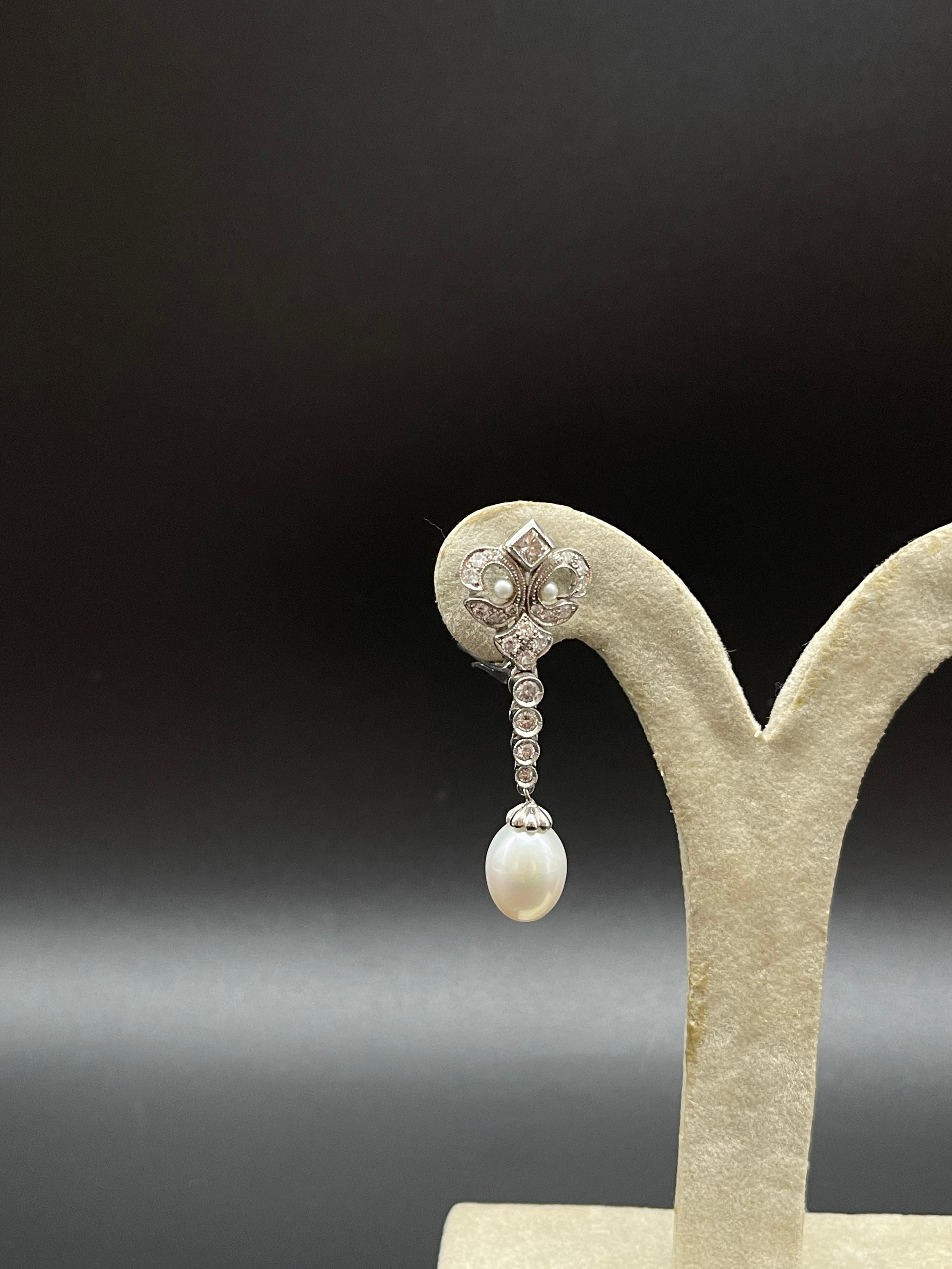 Modern Fleur de Lys White Gold Diamonds Pearls Portuguese Gold Earrings For Sale