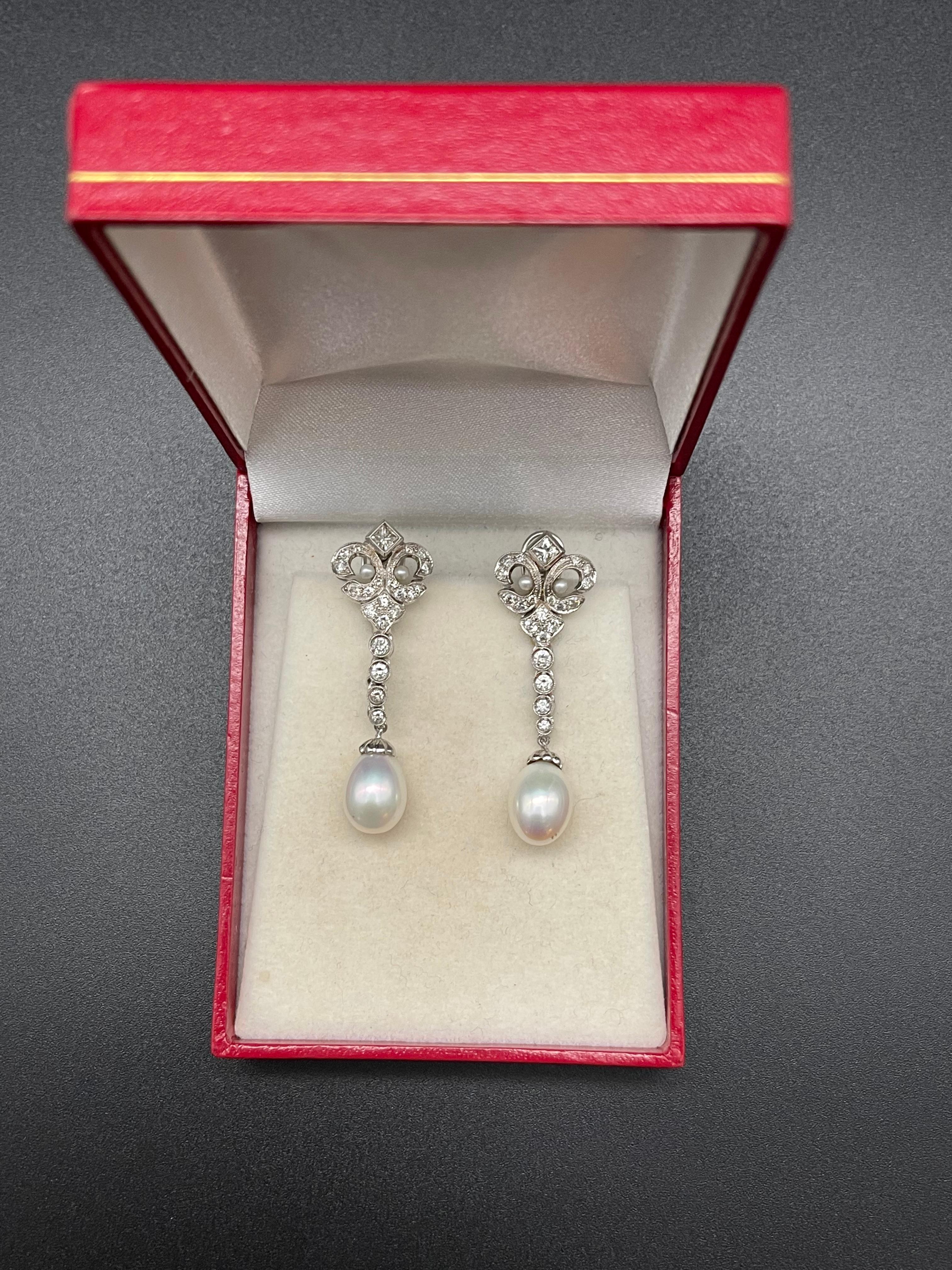 Fleur de Lys White Gold Diamonds Pearls Portuguese Gold Earrings For Sale 1