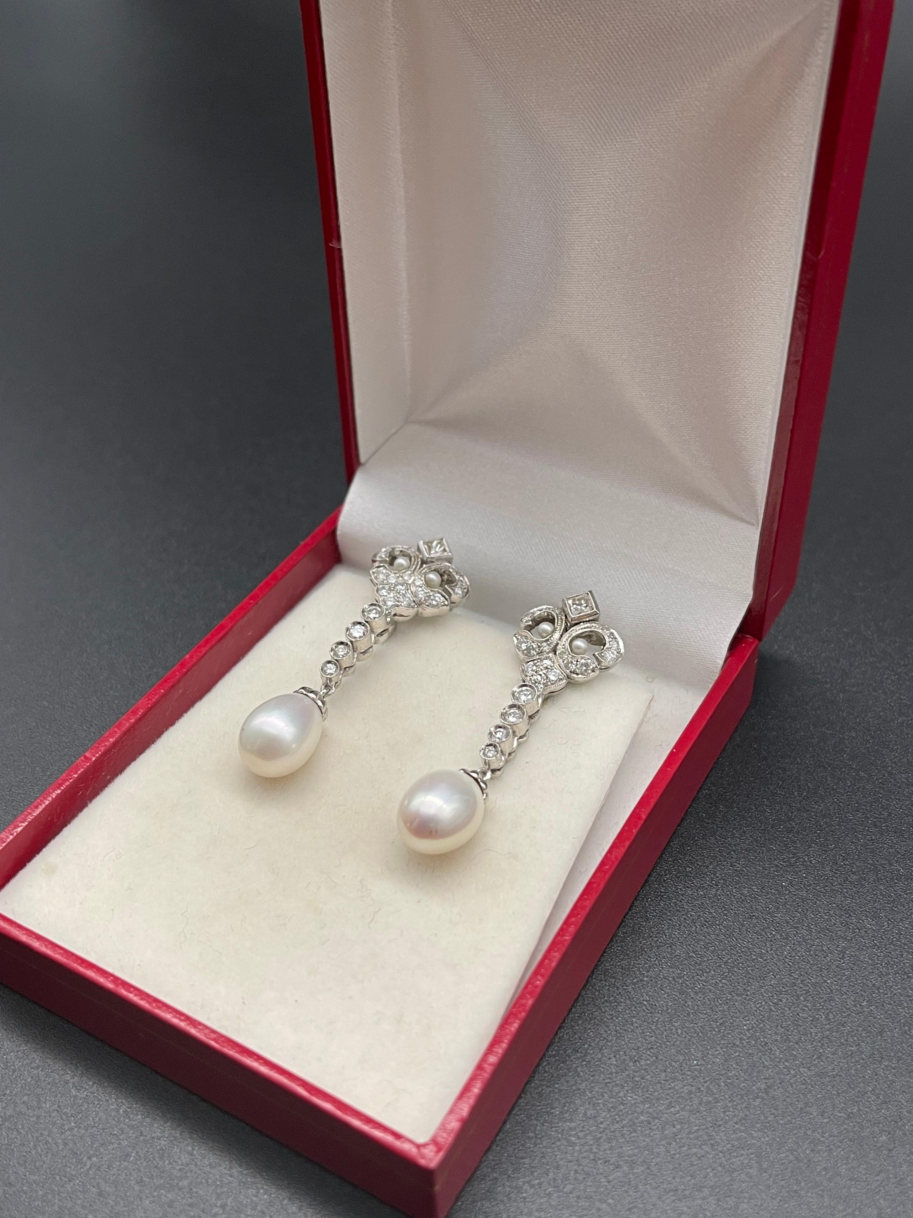 Fleur de Lys White Gold Diamonds Pearls Portuguese Gold Earrings For Sale 2