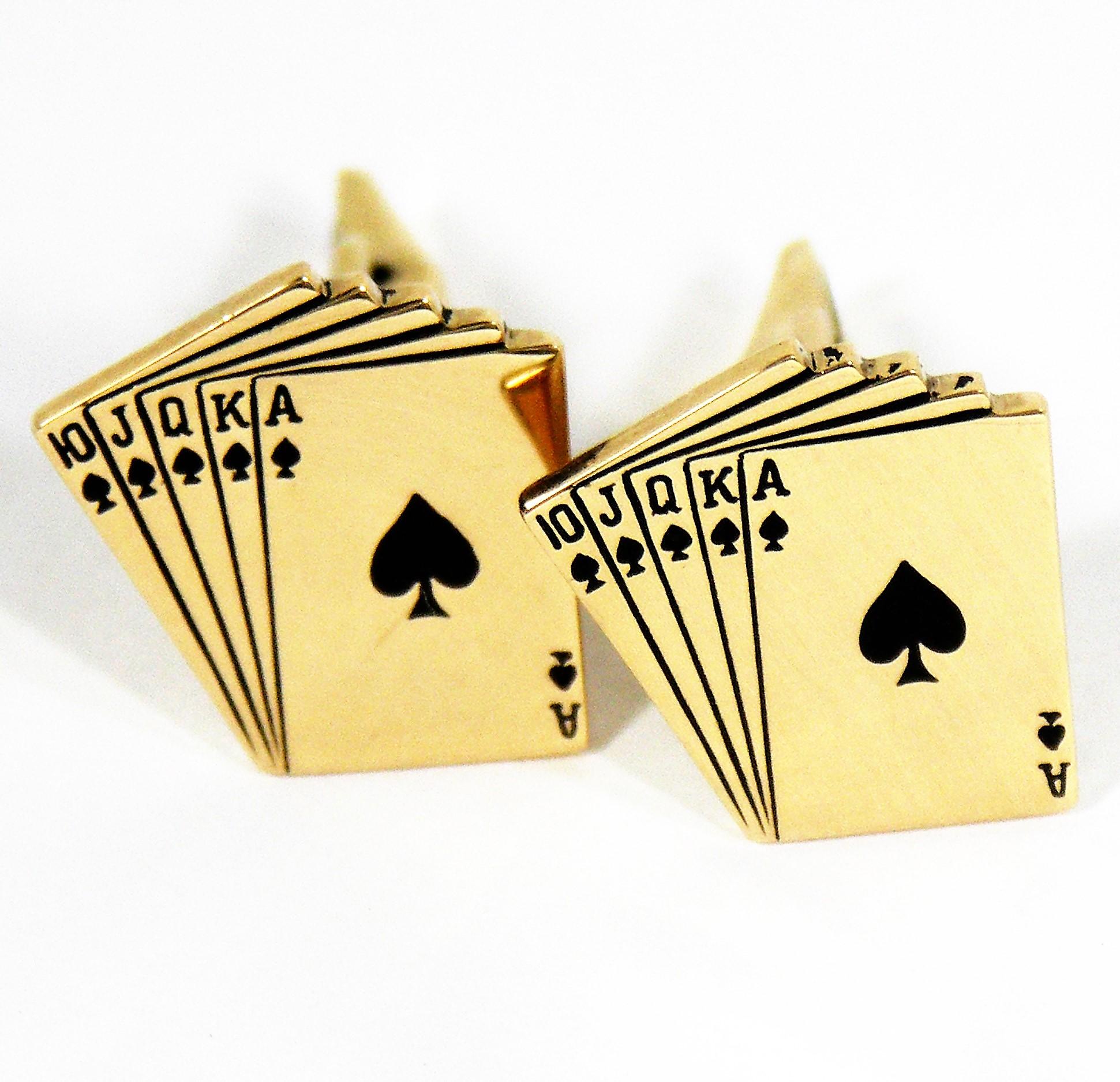 Made of 14K Yellow Gold, and highlighted with black enamel markers, these fun cufflinks are ideal for your favorite poker player. The fold down backs make them easy to put on and to take off. Measuring 3/4 inch x 11/16 inch.  Gross weight 16.6 grams.