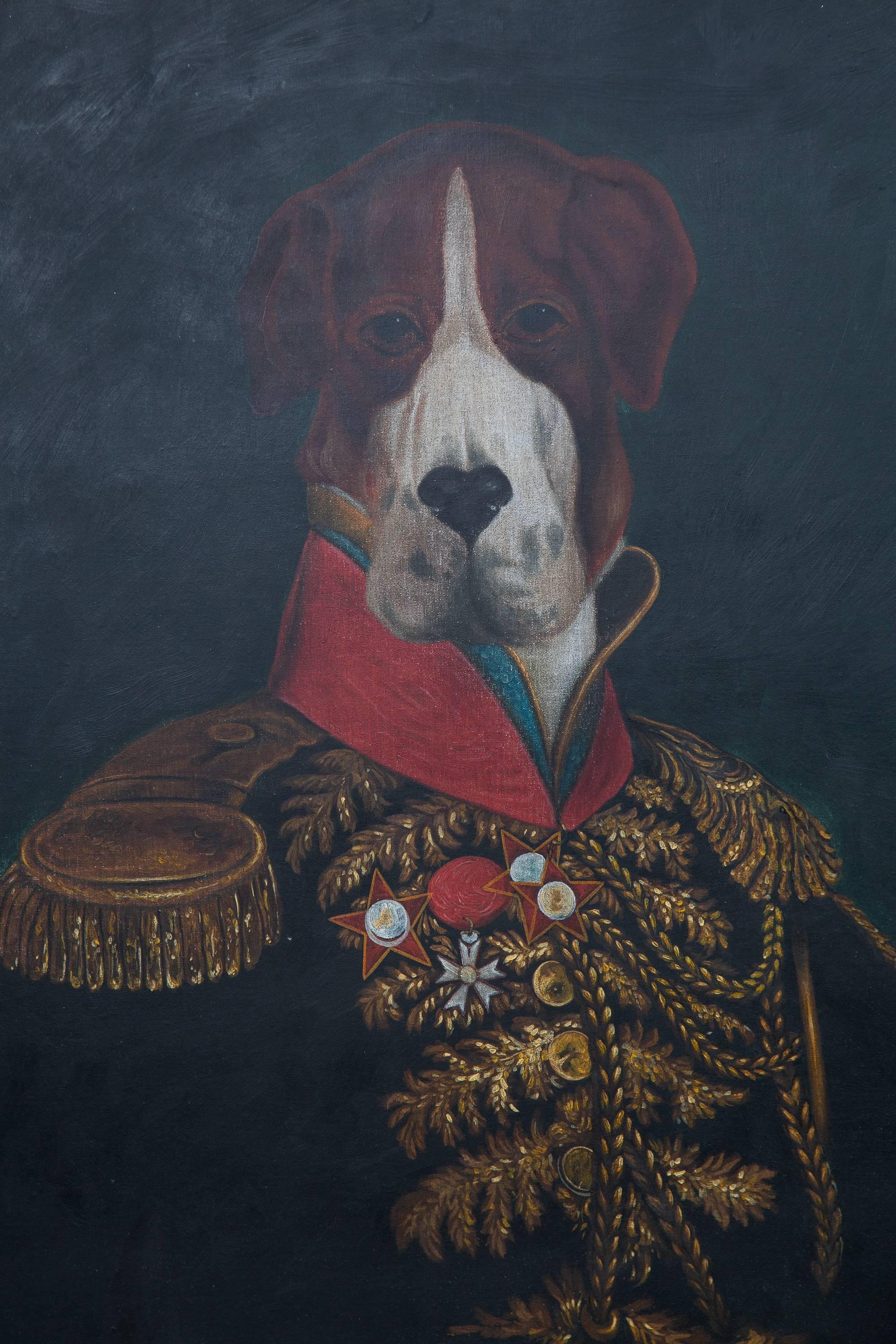 Large impressive oil on board dog portrait in formal royal attire with gilt frame.
Signed on verso, Maitland-Smith, 1993.