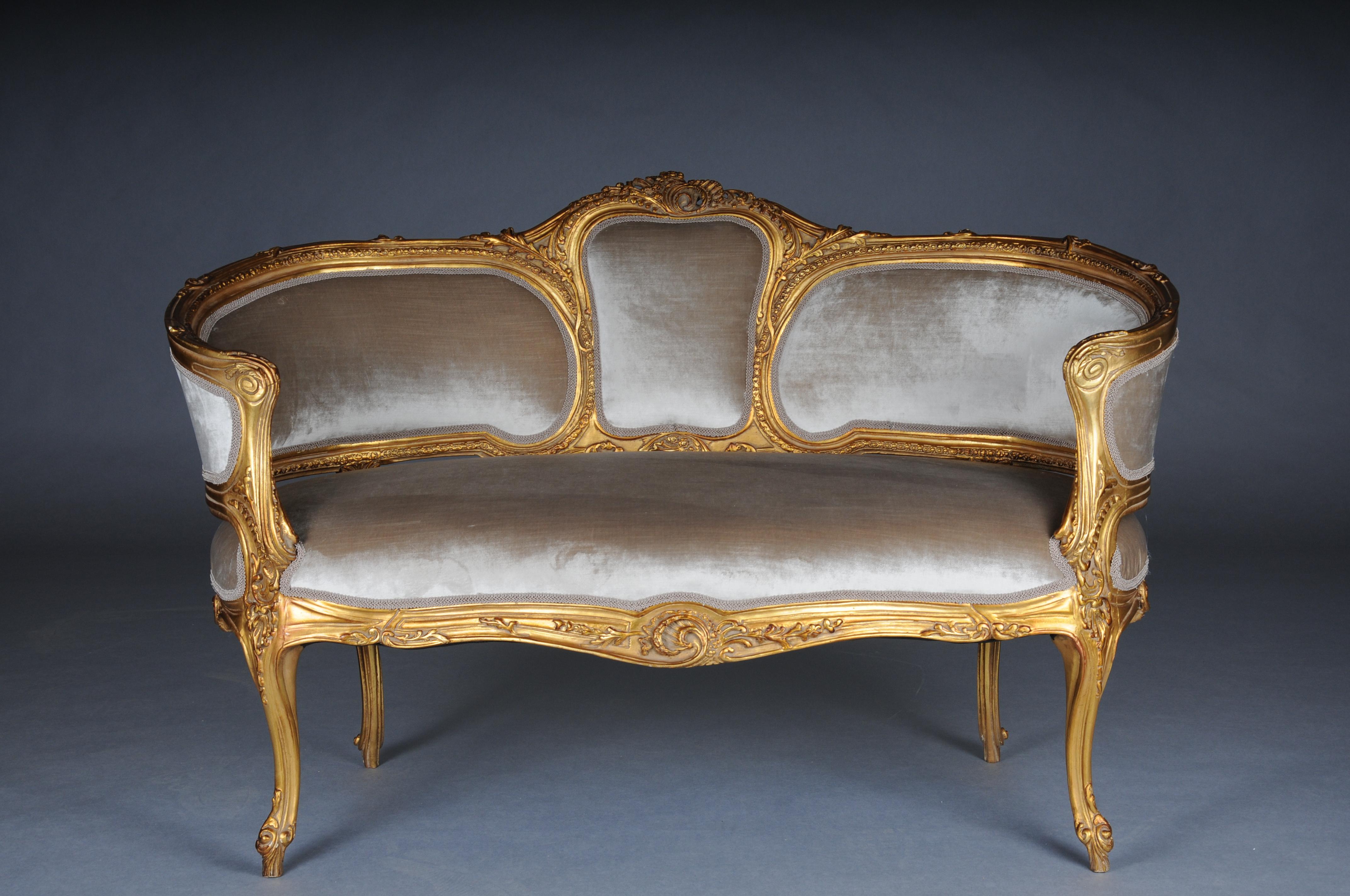Hand-Carved Royal French lounge sofa/Couch/Bench in Louis XV style, beechwood gold For Sale