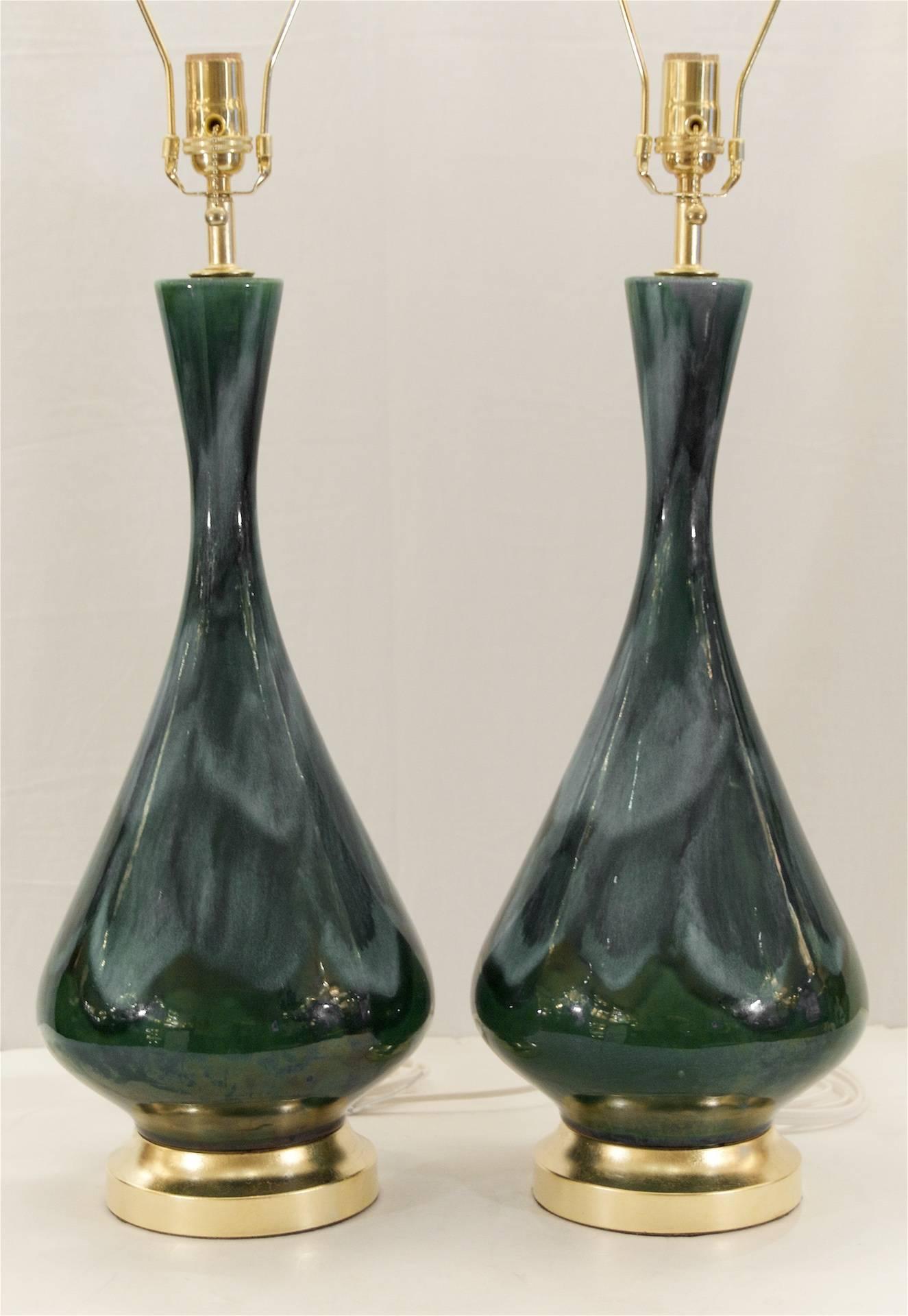 Mid-Century Modern Royal Haeger Blue and Green Drip Glaze Lamps with Gilt Hardware