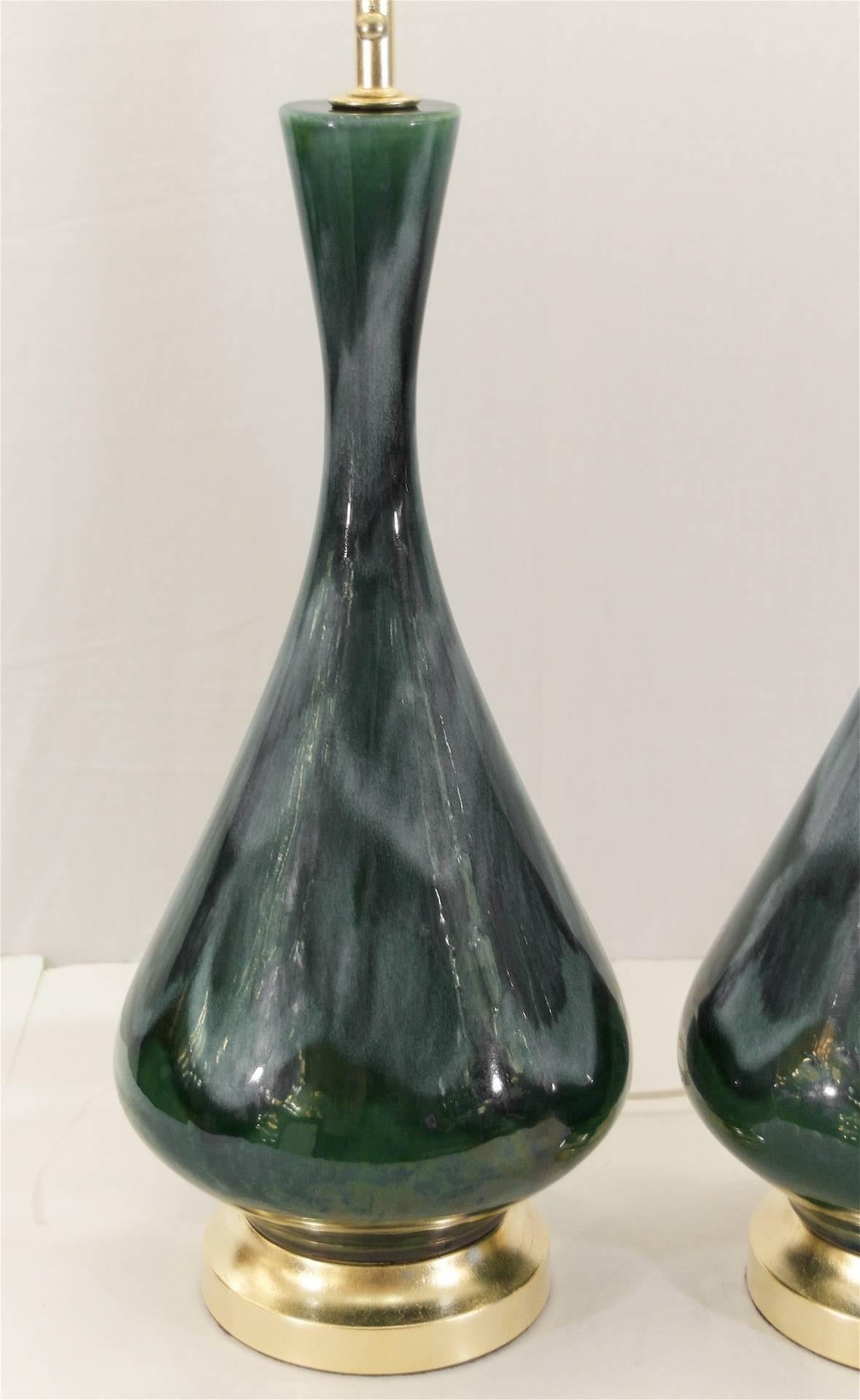 American Royal Haeger Blue and Green Drip Glaze Lamps with Gilt Hardware