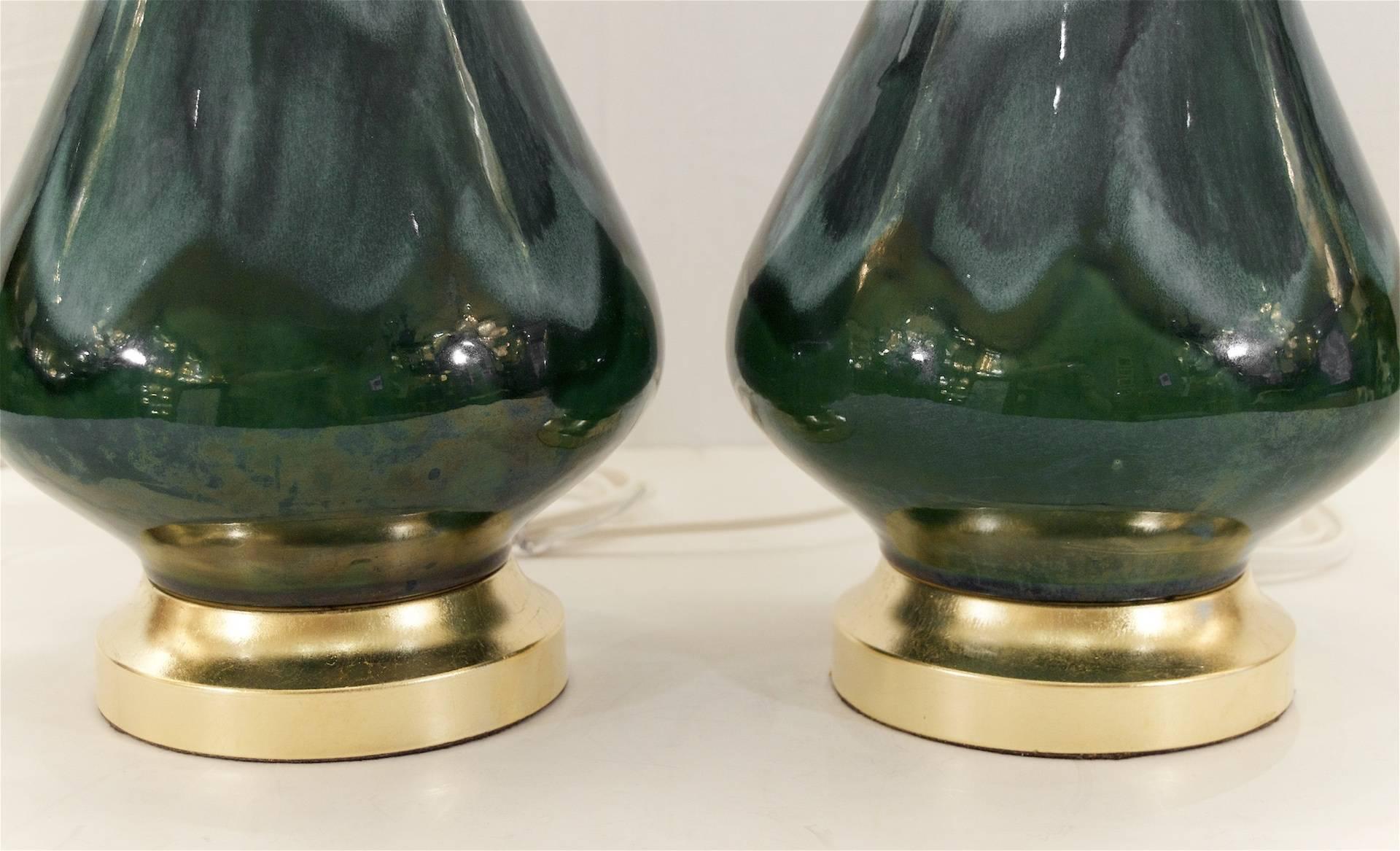 Royal Haeger Blue and Green Drip Glaze Lamps with Gilt Hardware In Excellent Condition In Stamford, CT