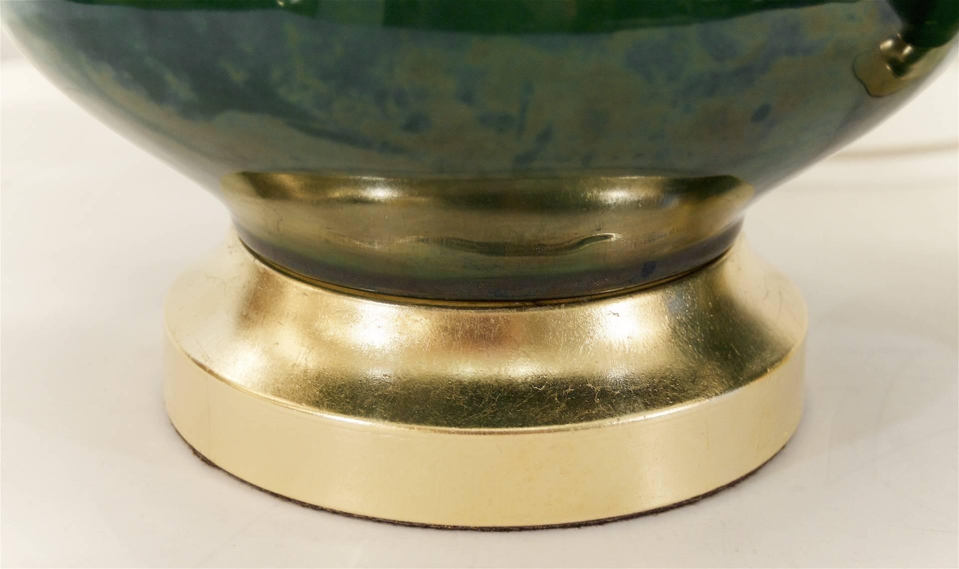 Mid-20th Century Royal Haeger Blue and Green Drip Glaze Lamps with Gilt Hardware