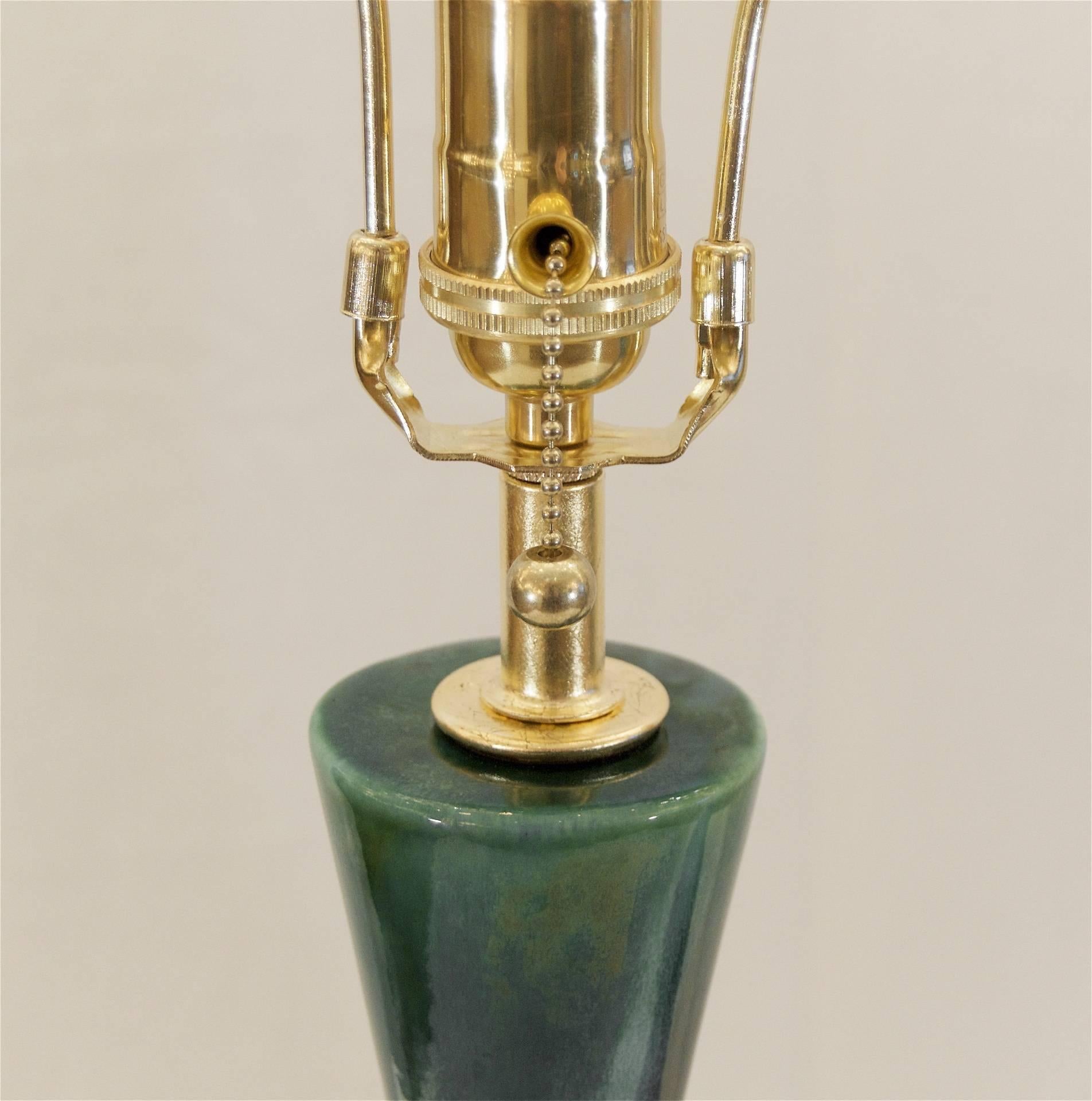 Metal Royal Haeger Blue and Green Drip Glaze Lamps with Gilt Hardware