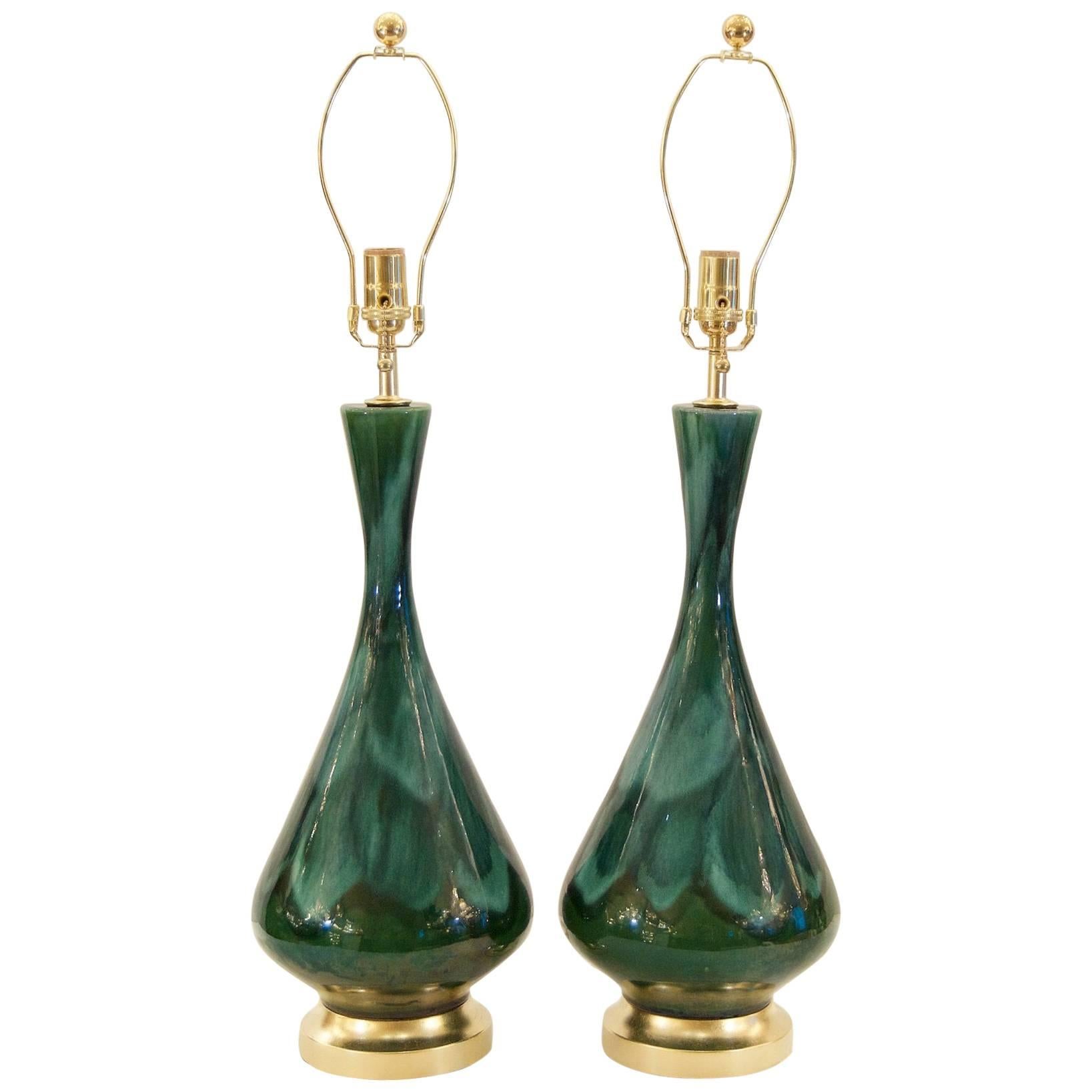 Royal Haeger Blue and Green Drip Glaze Lamps with Gilt Hardware