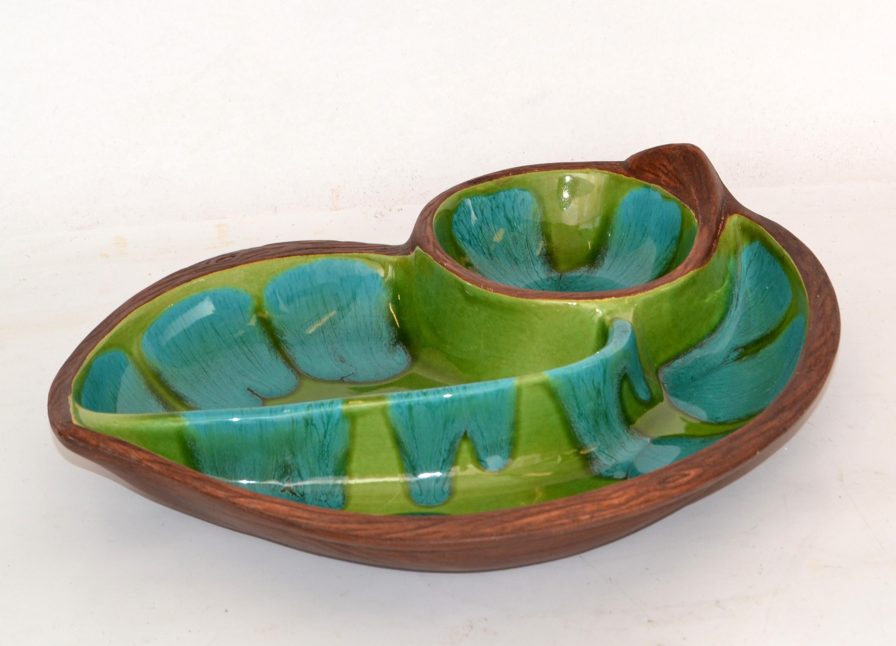 Brown Green Turquoise Glazed Ceramic Pottery Dish Mid-Century Modern, USA For Sale 7