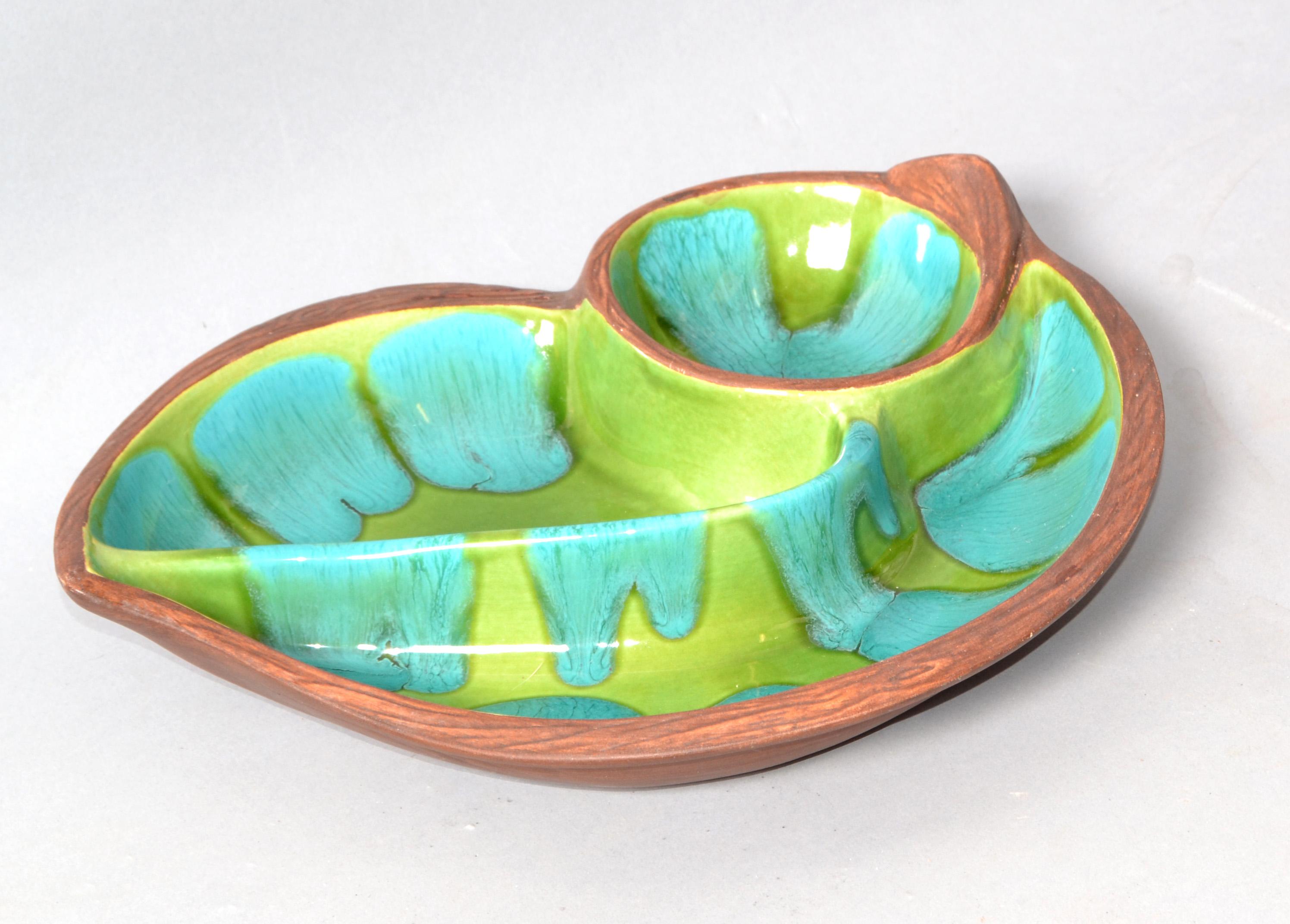 American Brown Green Turquoise Glazed Ceramic Pottery Dish Mid-Century Modern, USA For Sale