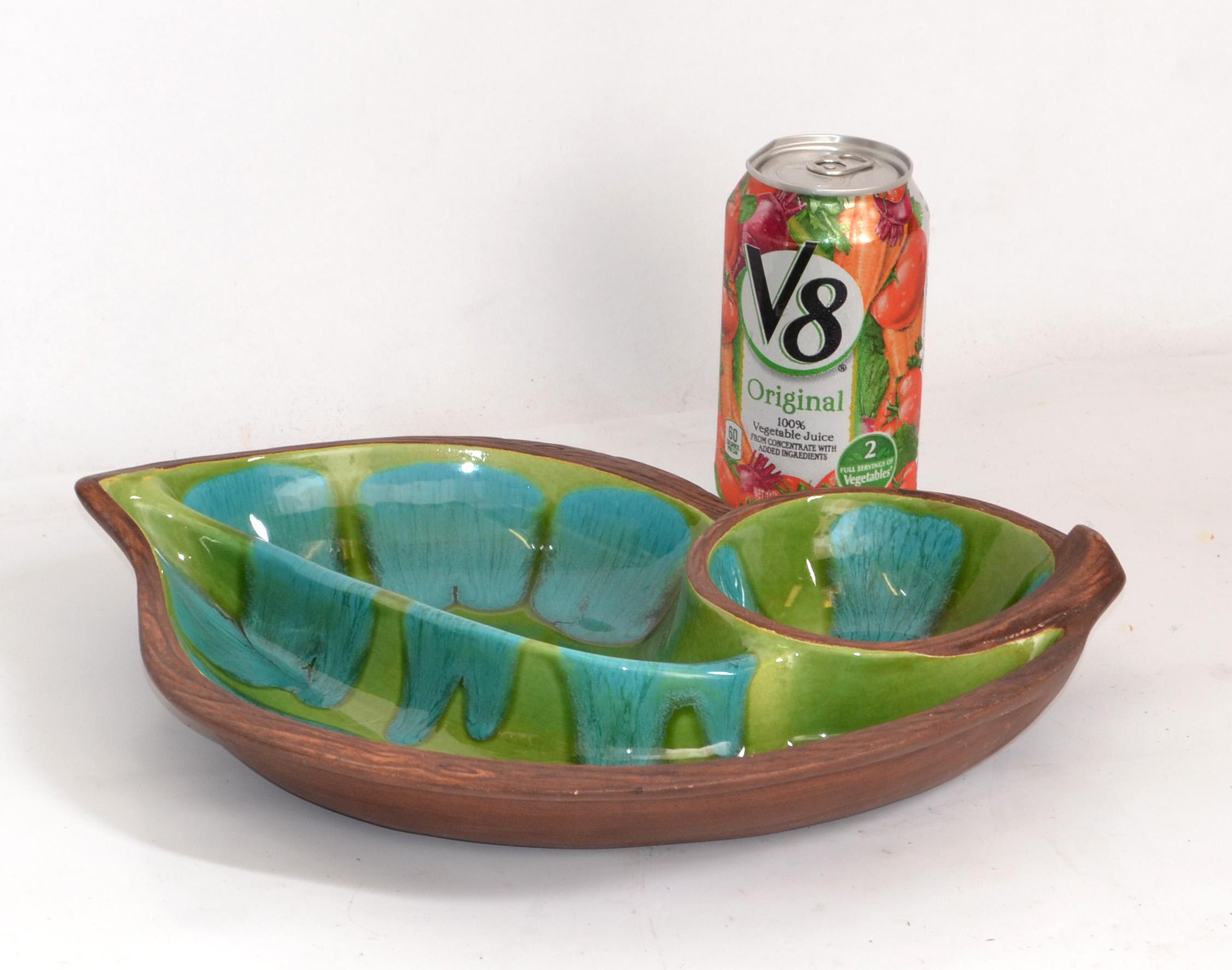 Brown Green Turquoise Glazed Ceramic Pottery Dish Mid-Century Modern, USA In Good Condition For Sale In Miami, FL