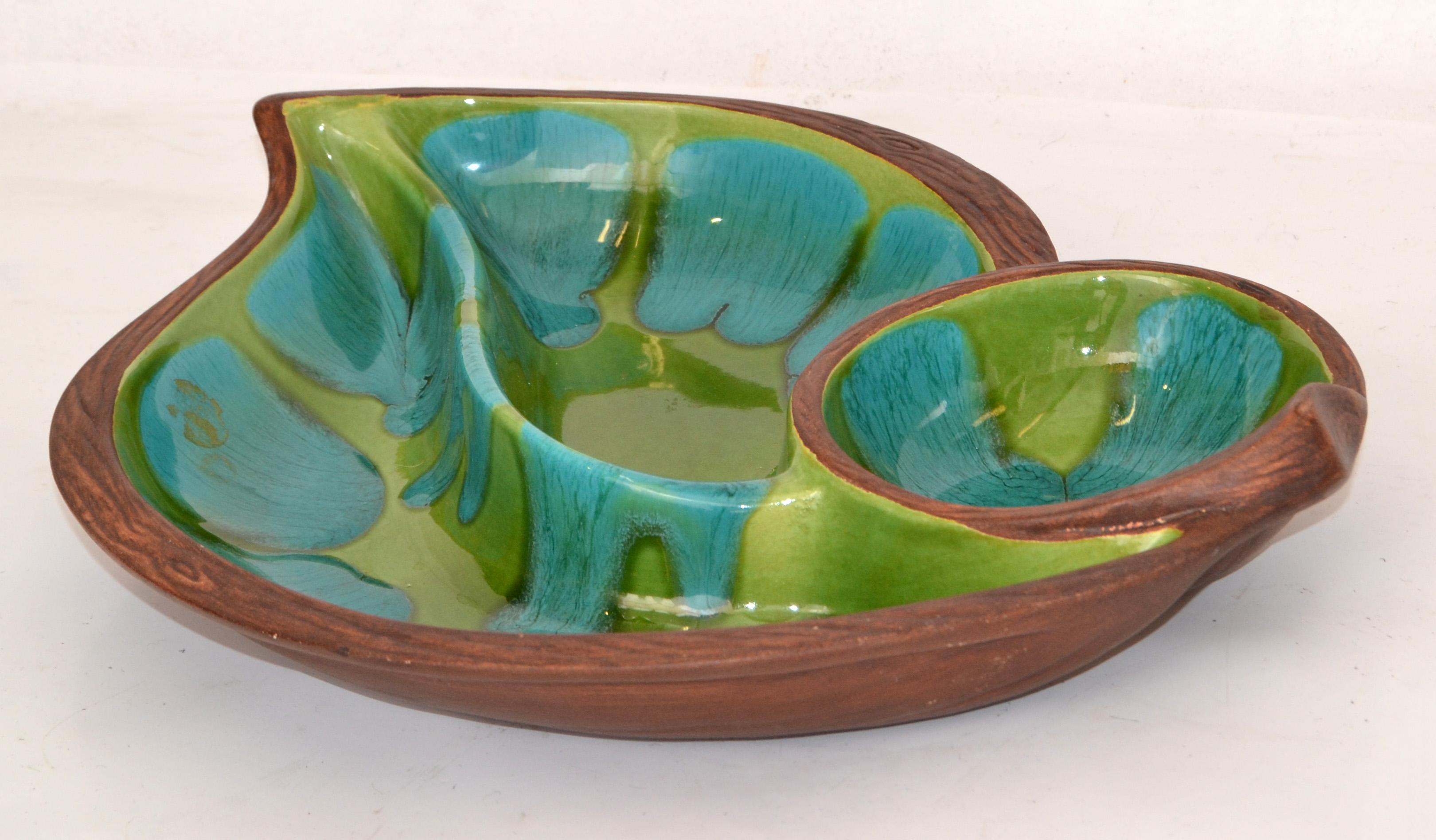 Late 20th Century Brown Green Turquoise Glazed Ceramic Pottery Dish Mid-Century Modern, USA For Sale