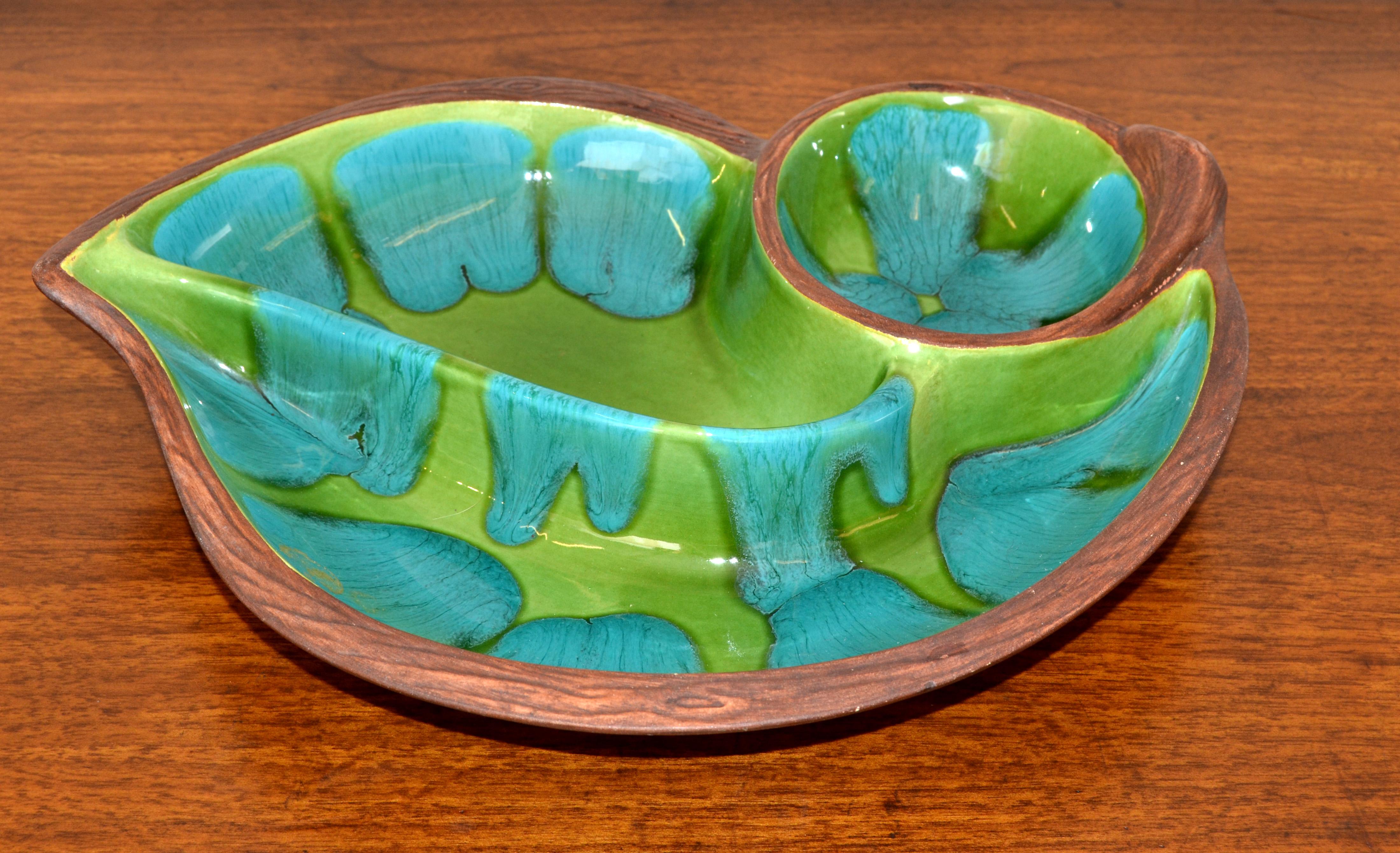 Brown Green Turquoise Glazed Ceramic Pottery Dish Mid-Century Modern, USA For Sale 2