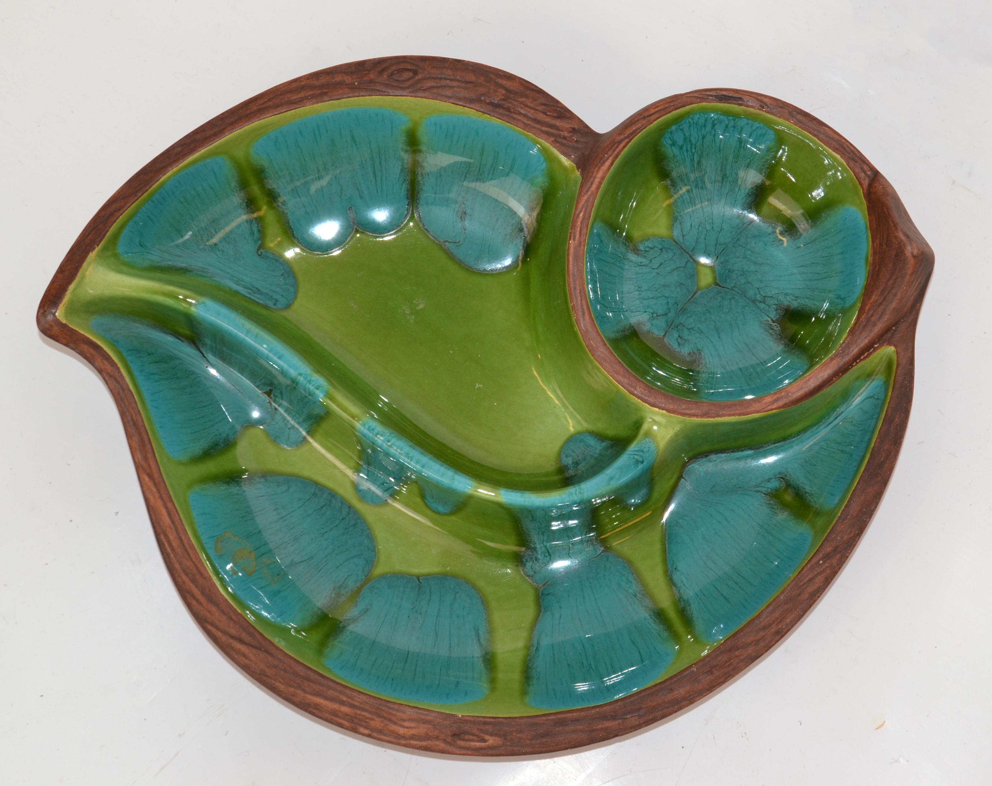 Brown Green Turquoise Glazed Ceramic Pottery Dish Mid-Century Modern, USA For Sale 3