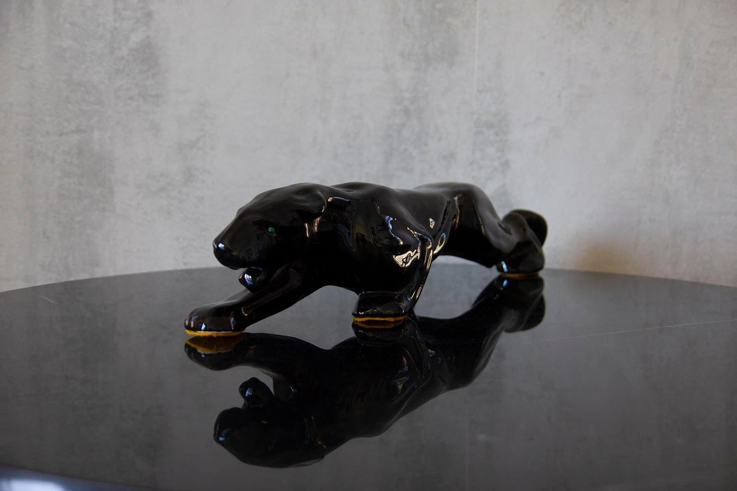 Mid-Century Modern Royal Haeger Ceramic Black Panther with Green Crystals Sculpture
