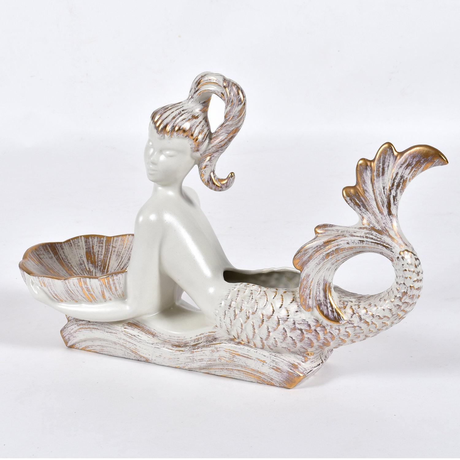 Royal Haeger Gold Tweed Mermaid Planter Ashtrays and Candy Dish Set In Excellent Condition In Chattanooga, TN