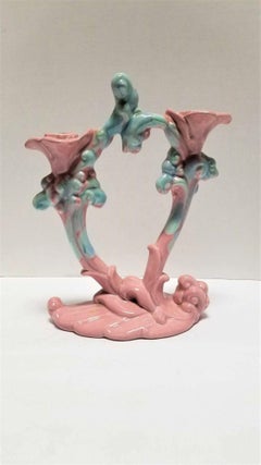 Royal Haeger Mauve Agate Pink/Blue Marble Glaze Twin Stalk Candlestick Holder