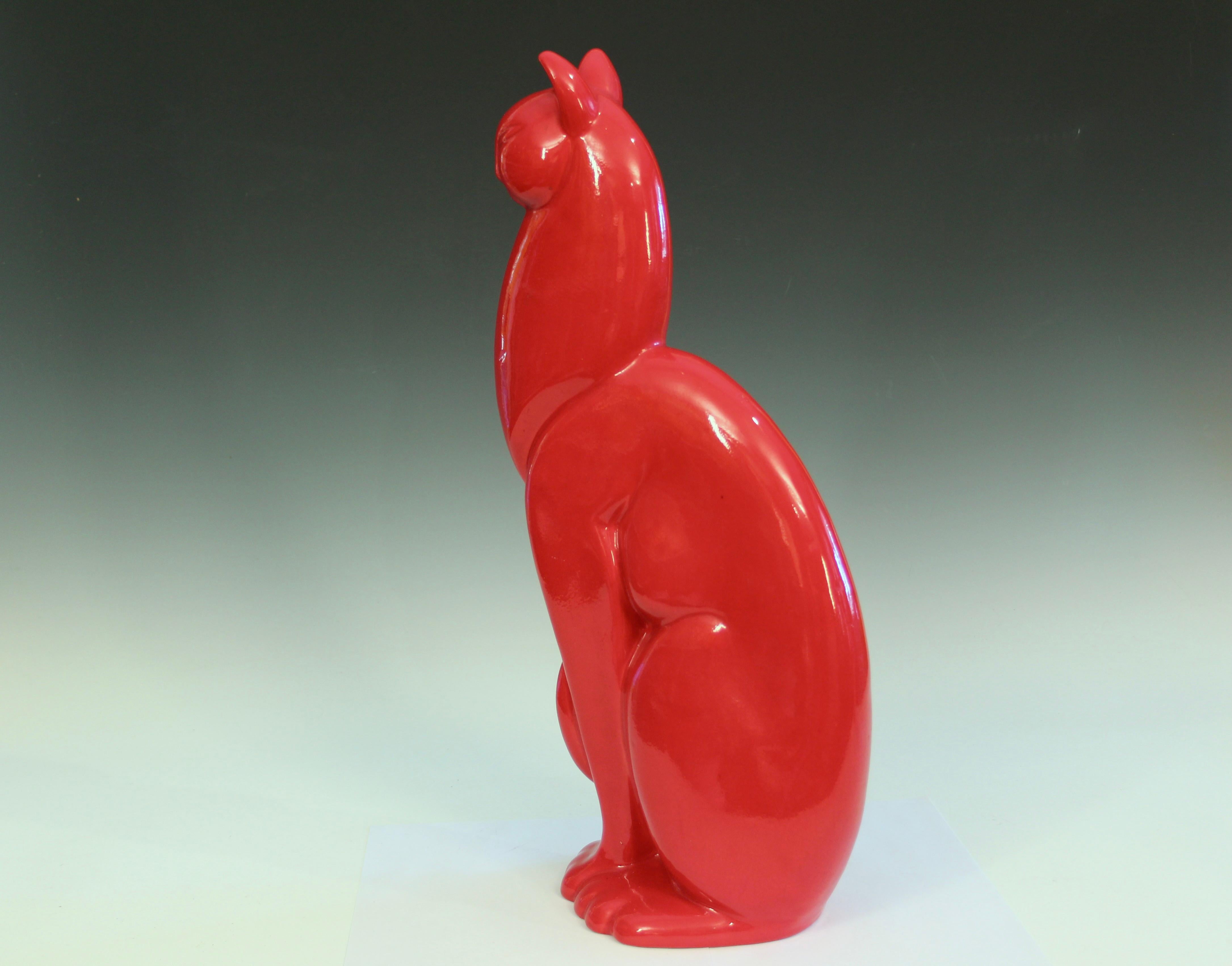 Mid-Century Modern Royal Haeger Pottery Deep Red Glaze Cat 20.5”