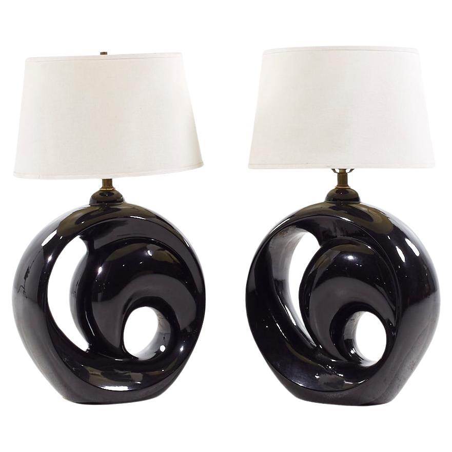 Royal Haeger Style Postmodern Black Swirl Pottery Lamps