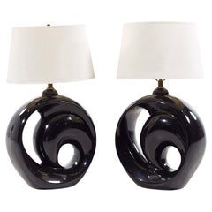 Vintage Royal Haeger Style Postmodern Black Swirl Pottery Lamps