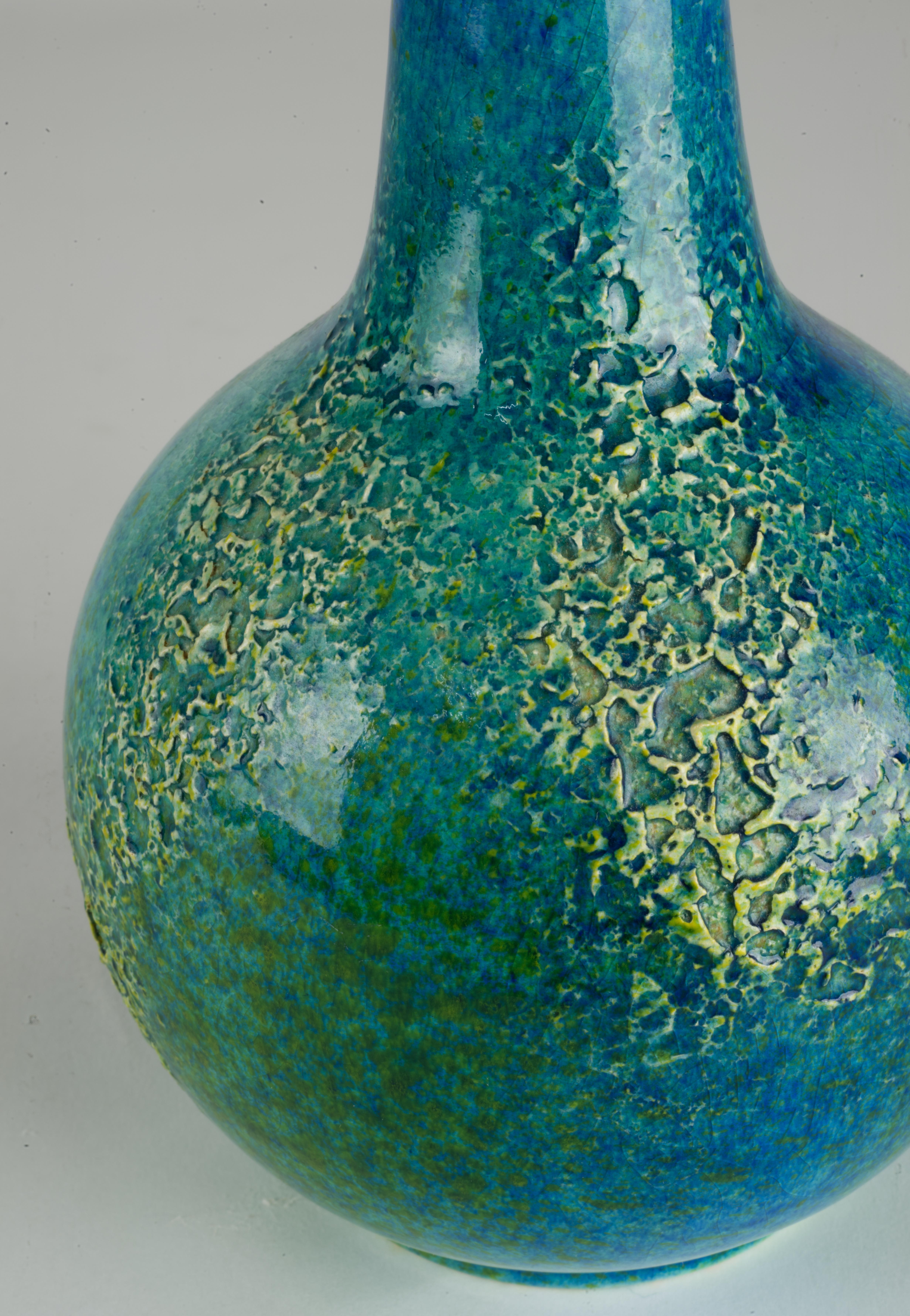 Glazed Royal Haeger Vase Crackle Teal and Lava Glaze Mid Century Modern For Sale