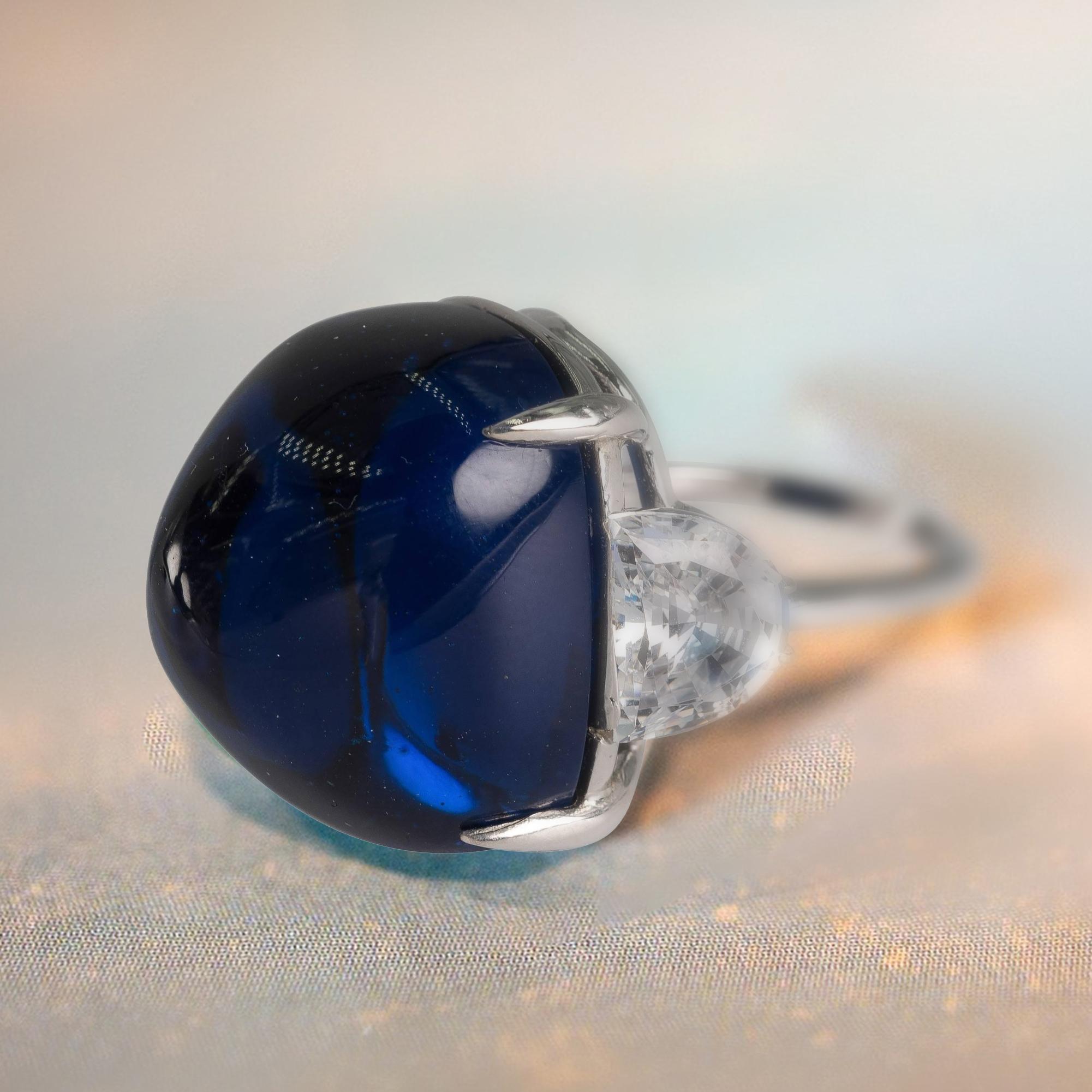 Royal Kashmir Royal Blue Cabochon Lab Sapphire Diamond Ring by Clive Kandel In Excellent Condition In New York, NY