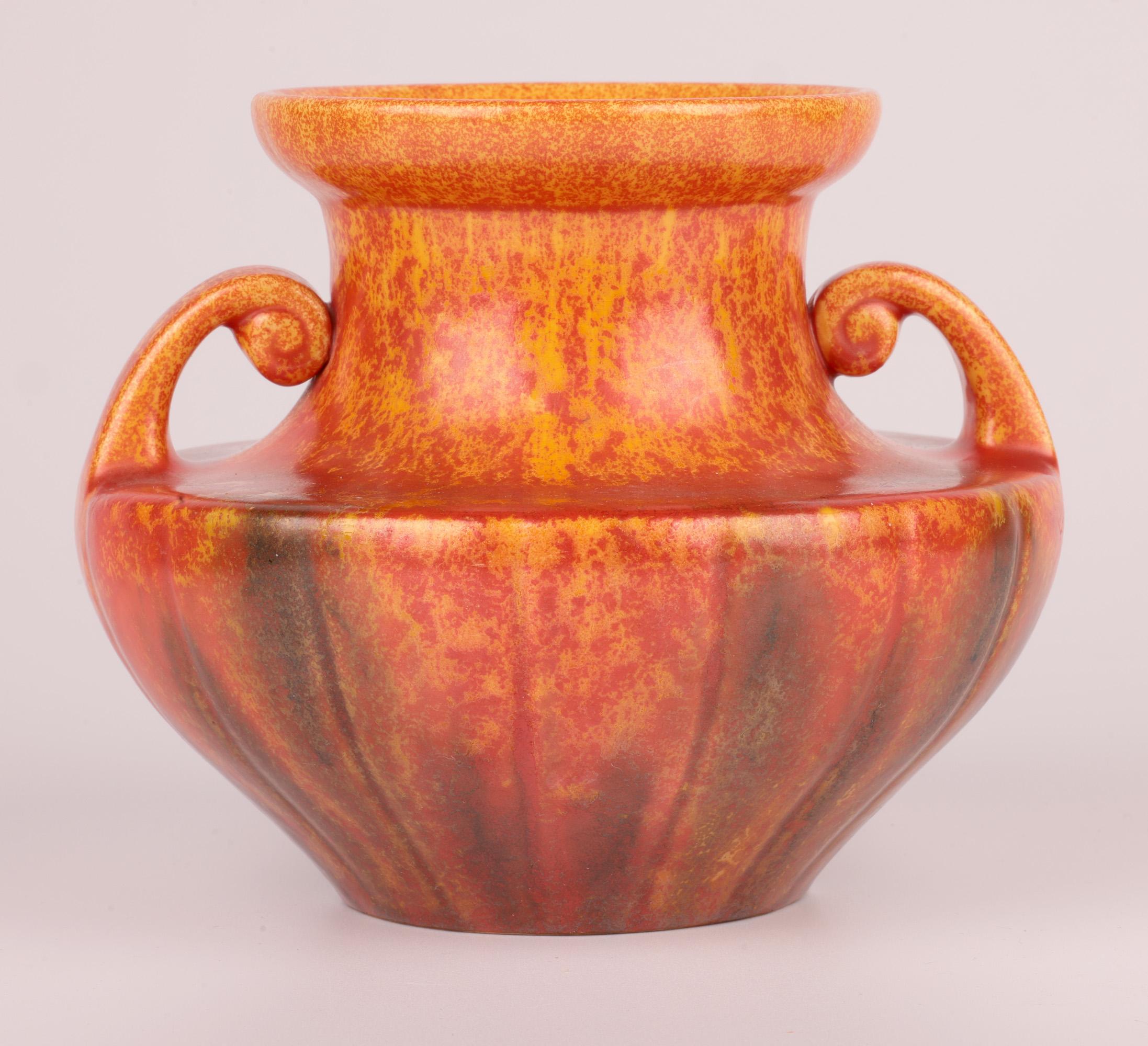 Royal Lancastrian Pilkington Orange Vermilion Twin Handled Art Pottery Vase For Sale 3