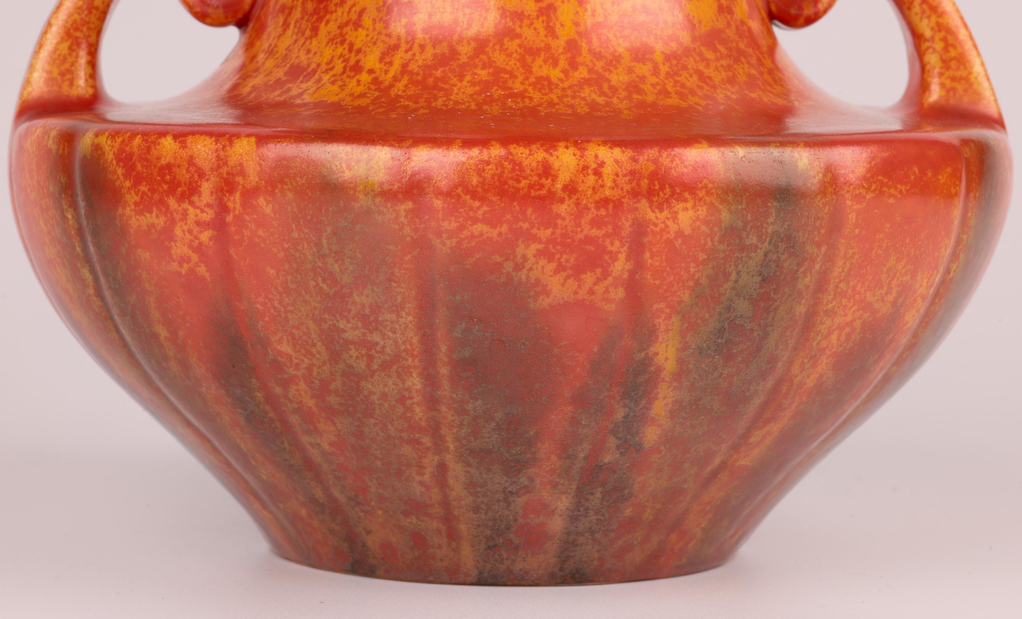 Art Deco Royal Lancastrian Pilkington Orange Vermilion Twin Handled Art Pottery Vase For Sale