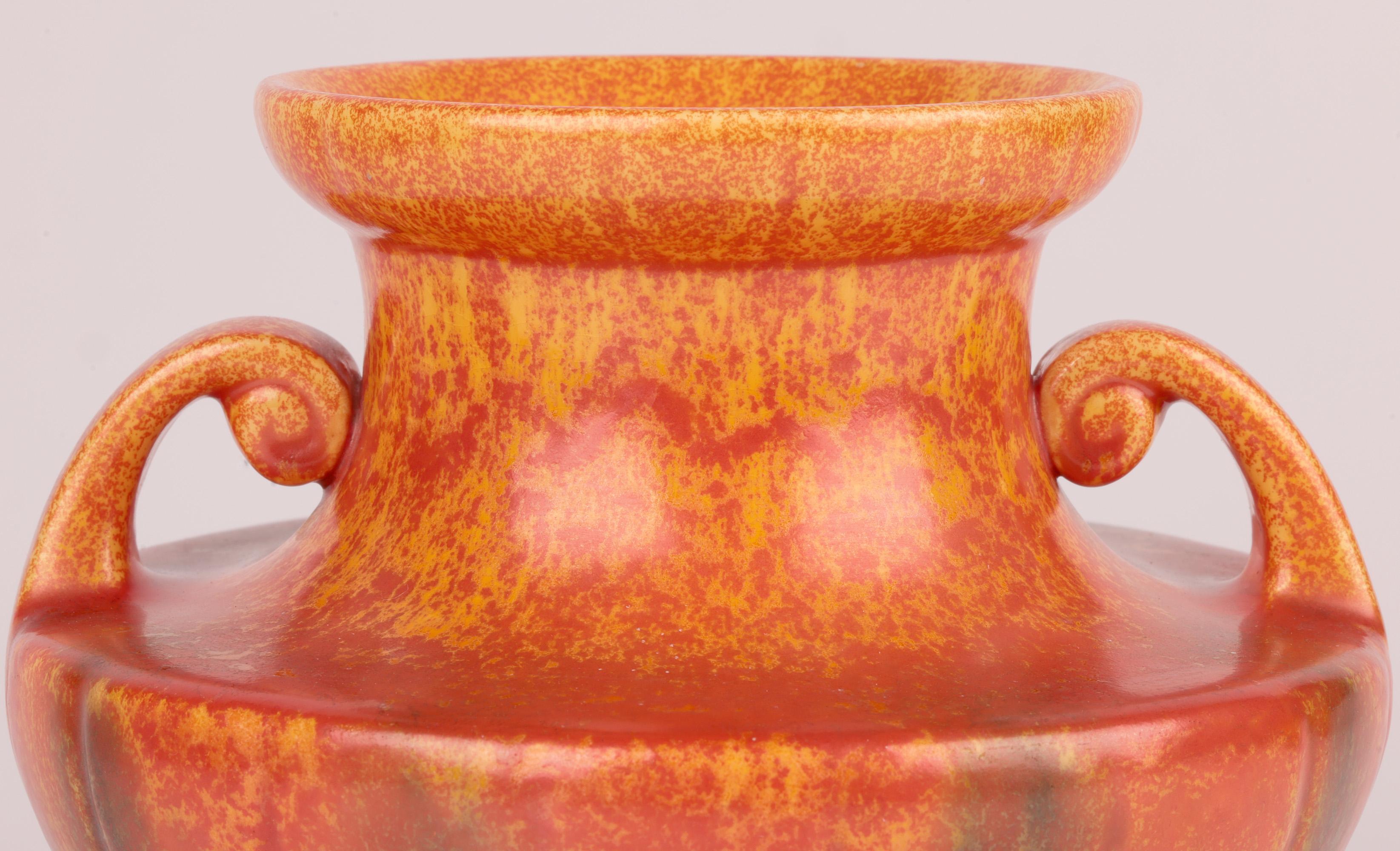 English Royal Lancastrian Pilkington Orange Vermilion Twin Handled Art Pottery Vase For Sale