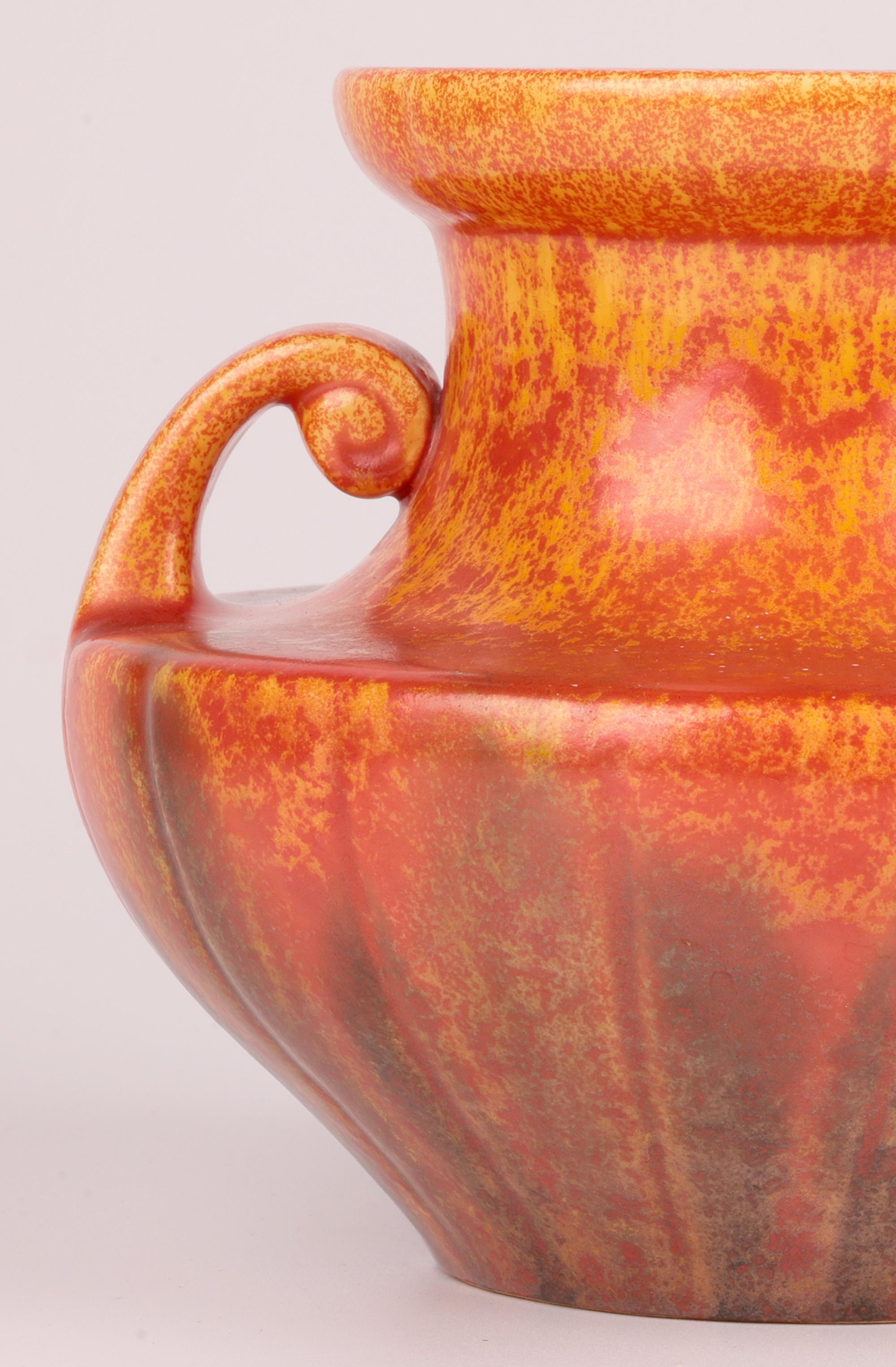 Glazed Royal Lancastrian Pilkington Orange Vermilion Twin Handled Art Pottery Vase For Sale