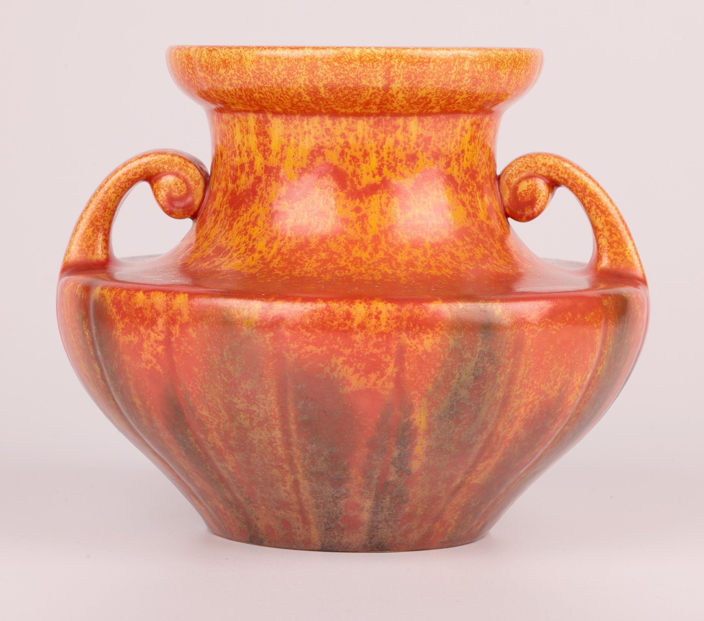Royal Lancastrian Pilkington Orange Vermilion Twin Handled Art Pottery Vase In Good Condition For Sale In Bishop's Stortford, Hertfordshire