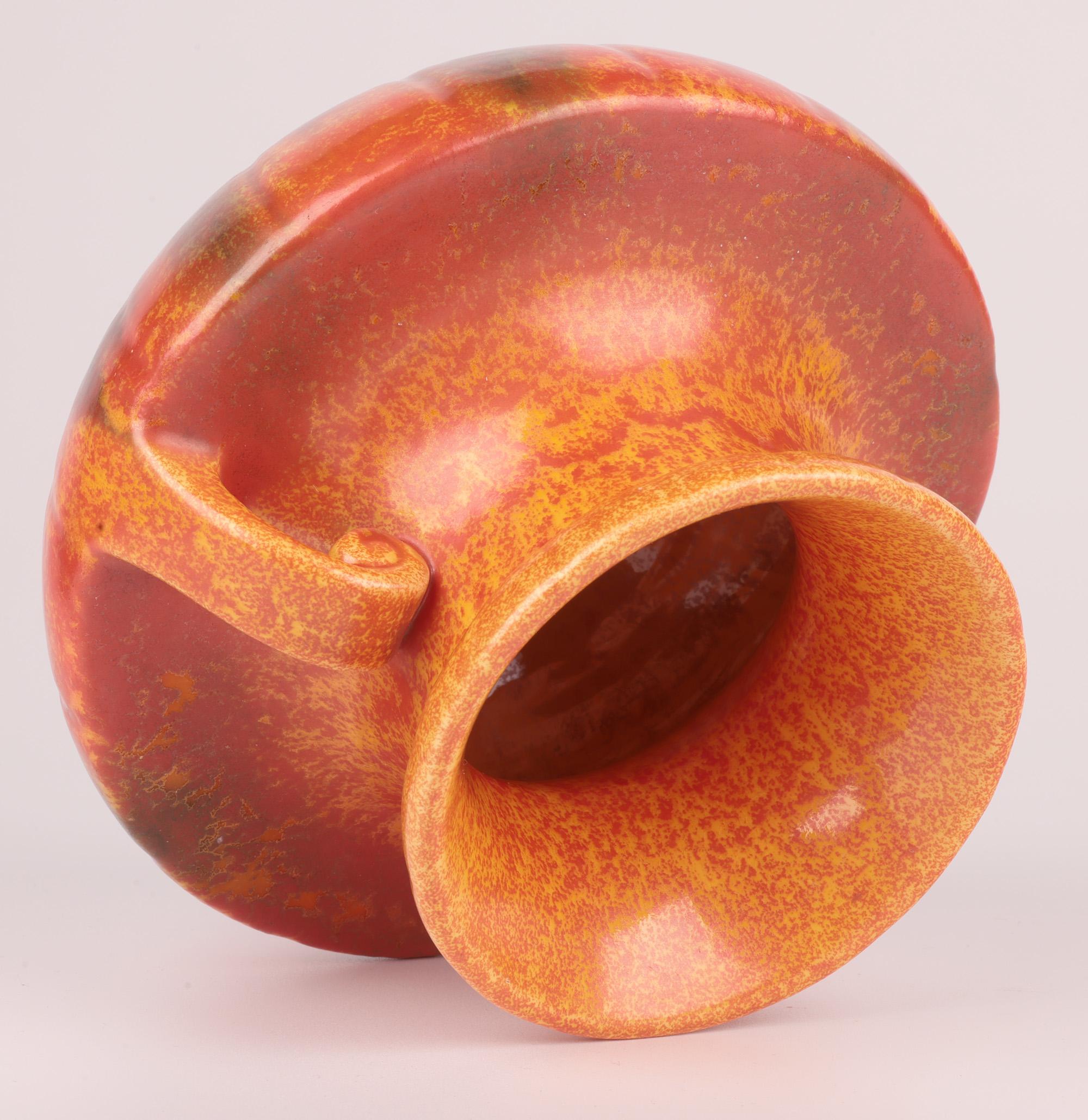 Early 20th Century Royal Lancastrian Pilkington Orange Vermilion Twin Handled Art Pottery Vase For Sale