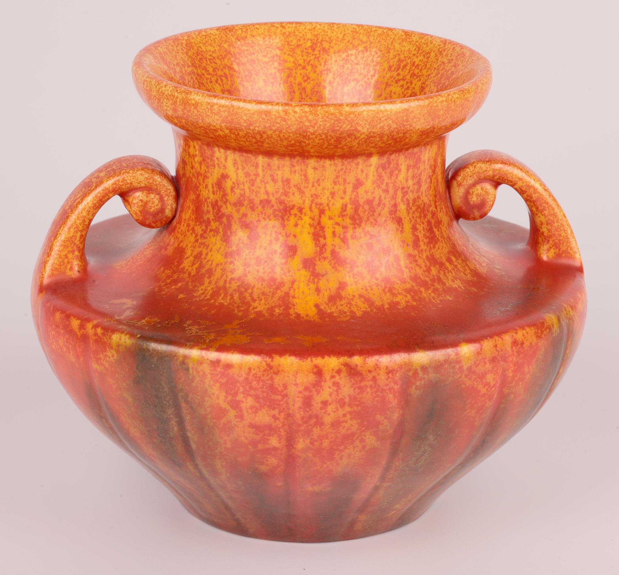 Earthenware Royal Lancastrian Pilkington Orange Vermilion Twin Handled Art Pottery Vase For Sale