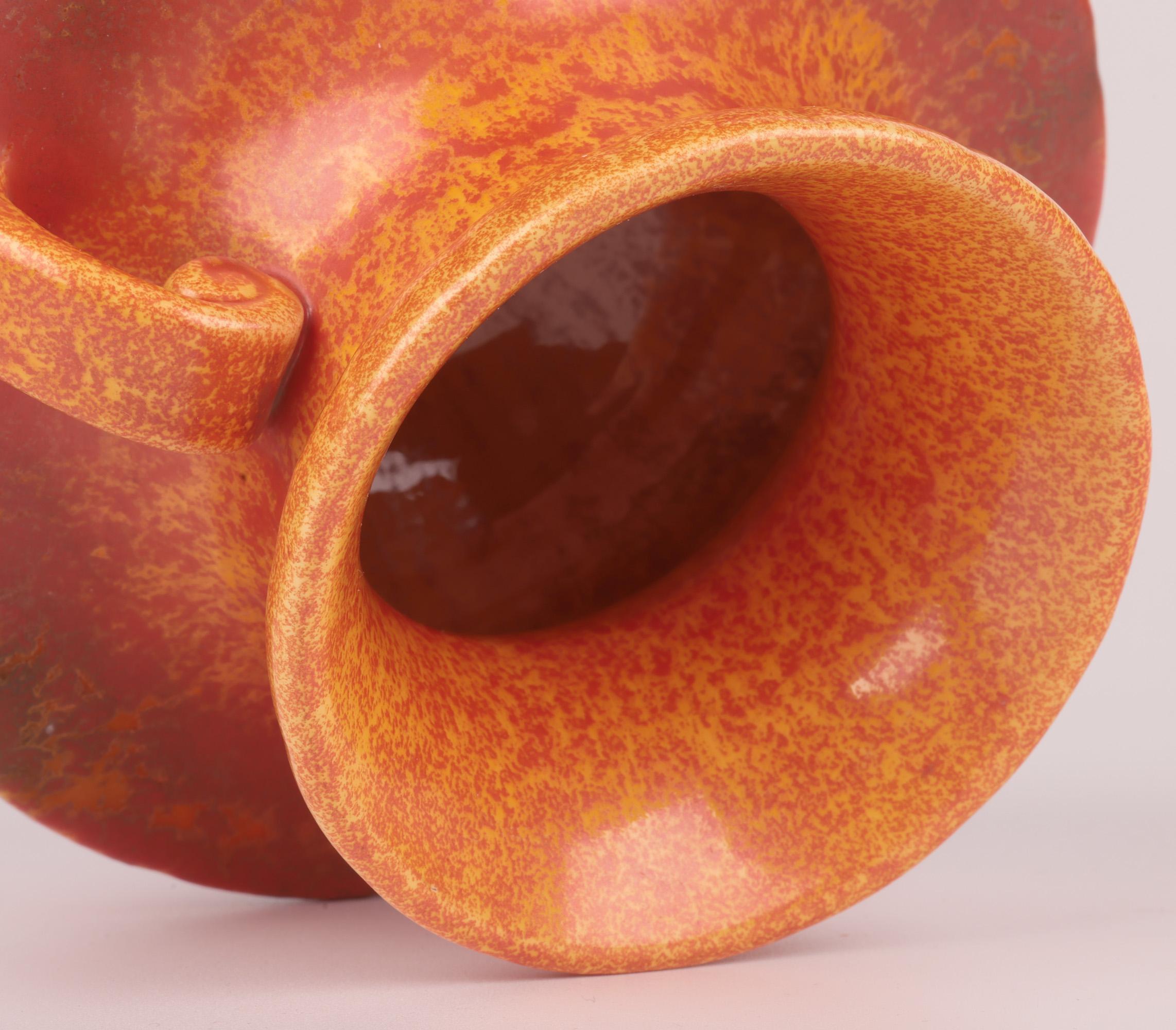 Royal Lancastrian Pilkington Orange Vermilion Twin Handled Art Pottery Vase For Sale 1
