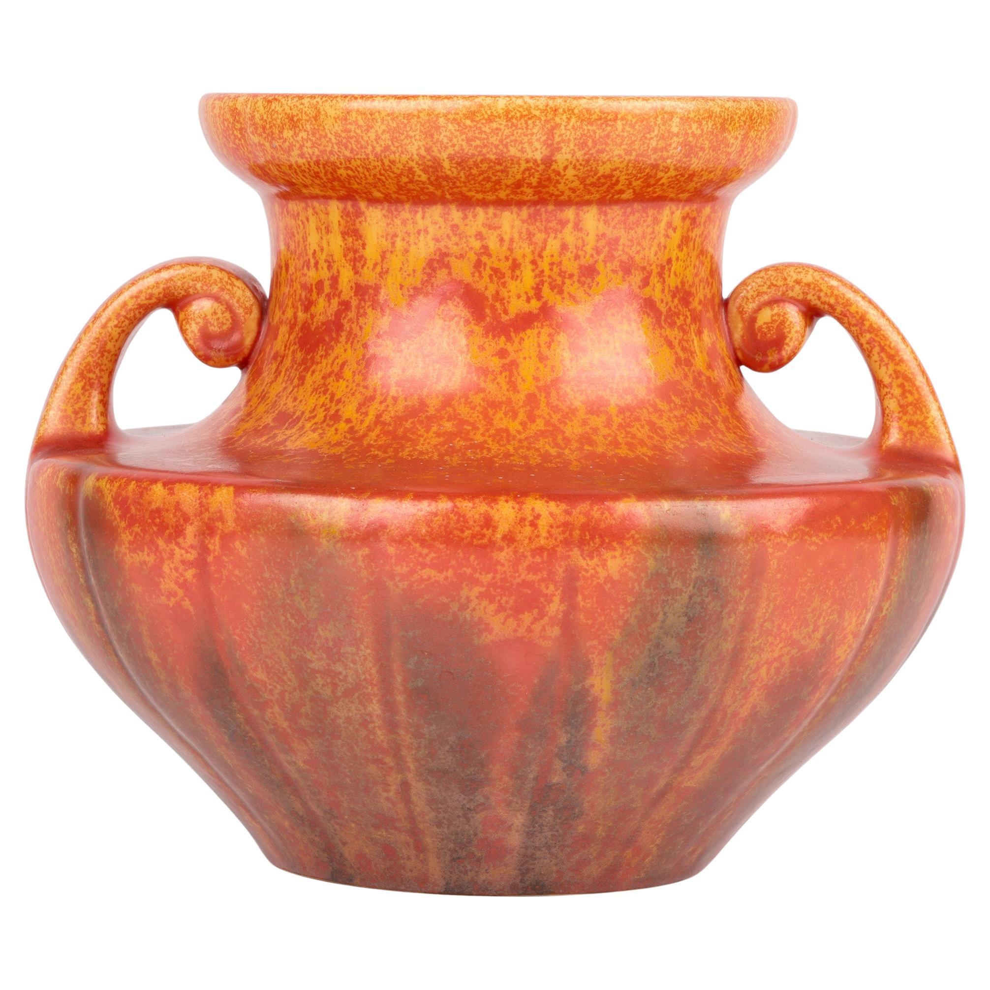 Royal Lancastrian Pilkington Orange Vermilion Twin Handled Art Pottery Vase For Sale