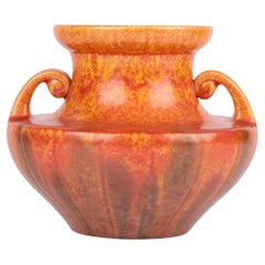 Antique Royal Lancastrian Pilkington Orange Vermilion Twin Handled Art Pottery Vase