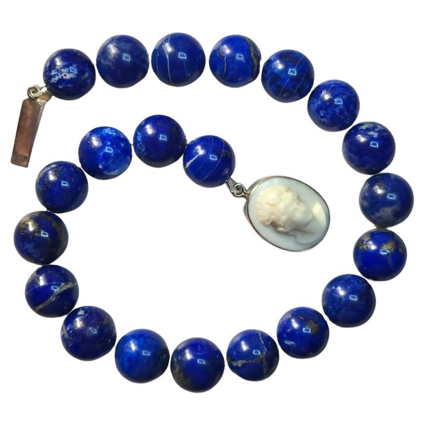 Royal Lapis Lazuli Necklace with Vintage Porcelain Cameo Clasp