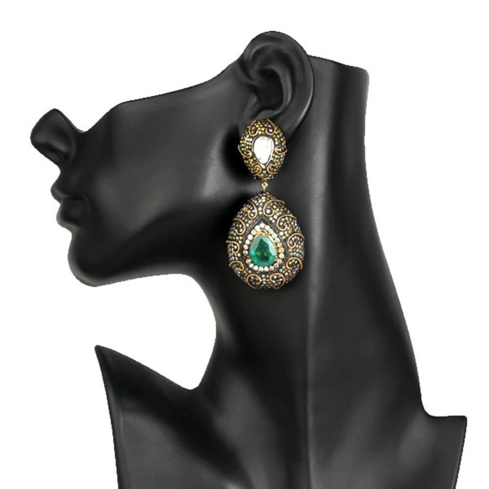 Artisan Royal Looking Pear Shaped Emerald & Diamond Gold Earrings For Sale