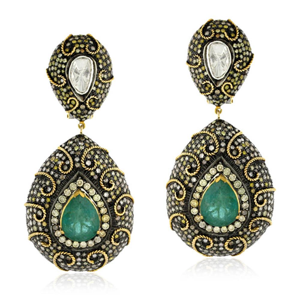 Emerald Cut Royal Looking Pear Shaped Emerald & Diamond Gold Earrings For Sale