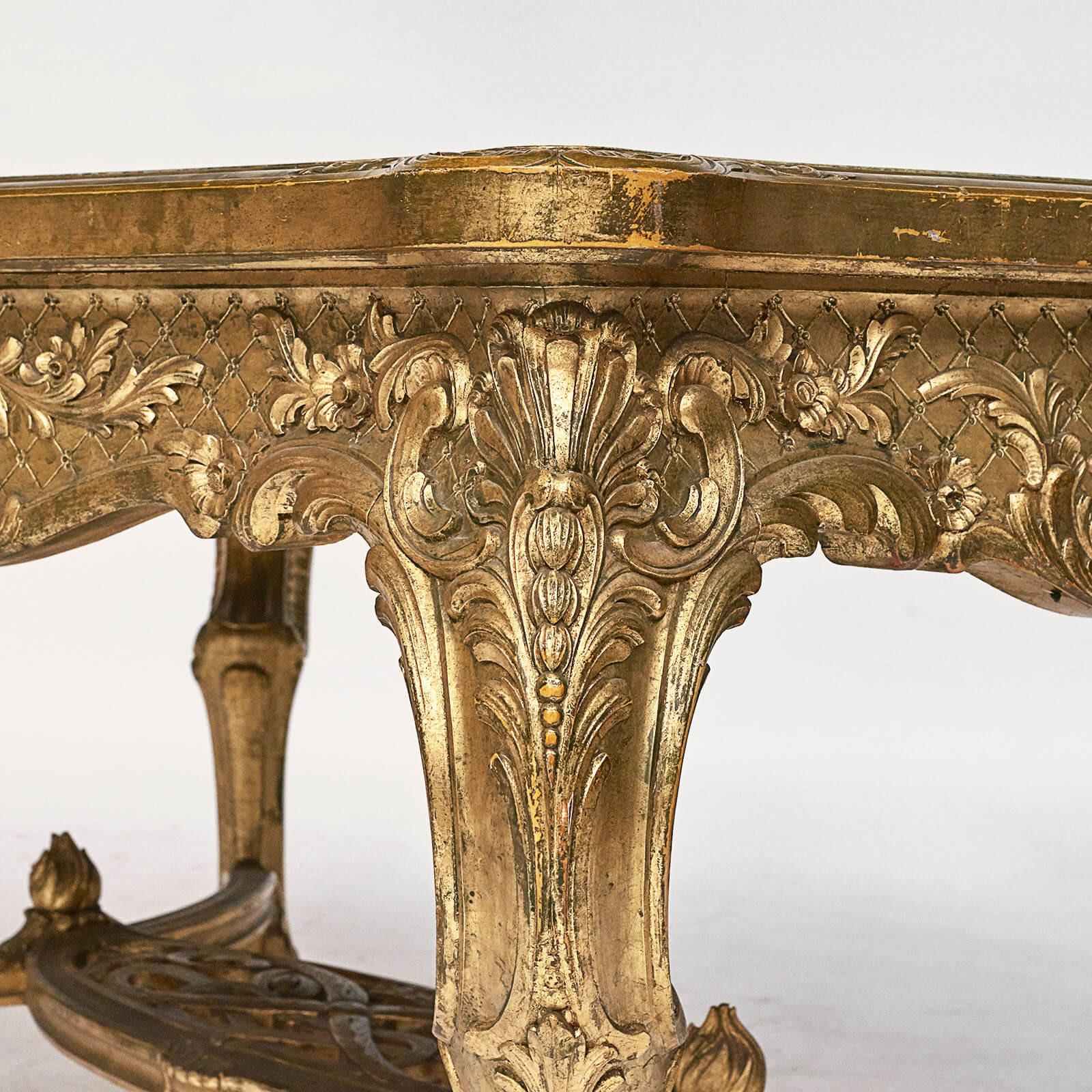 Royal lounge table from Fredensborg Palace. (Summer residence for the Danish royal family). Wood cut and gilded. Rare Swedish marble top (color: greenish) Made by Danish Royal Court Supplier 