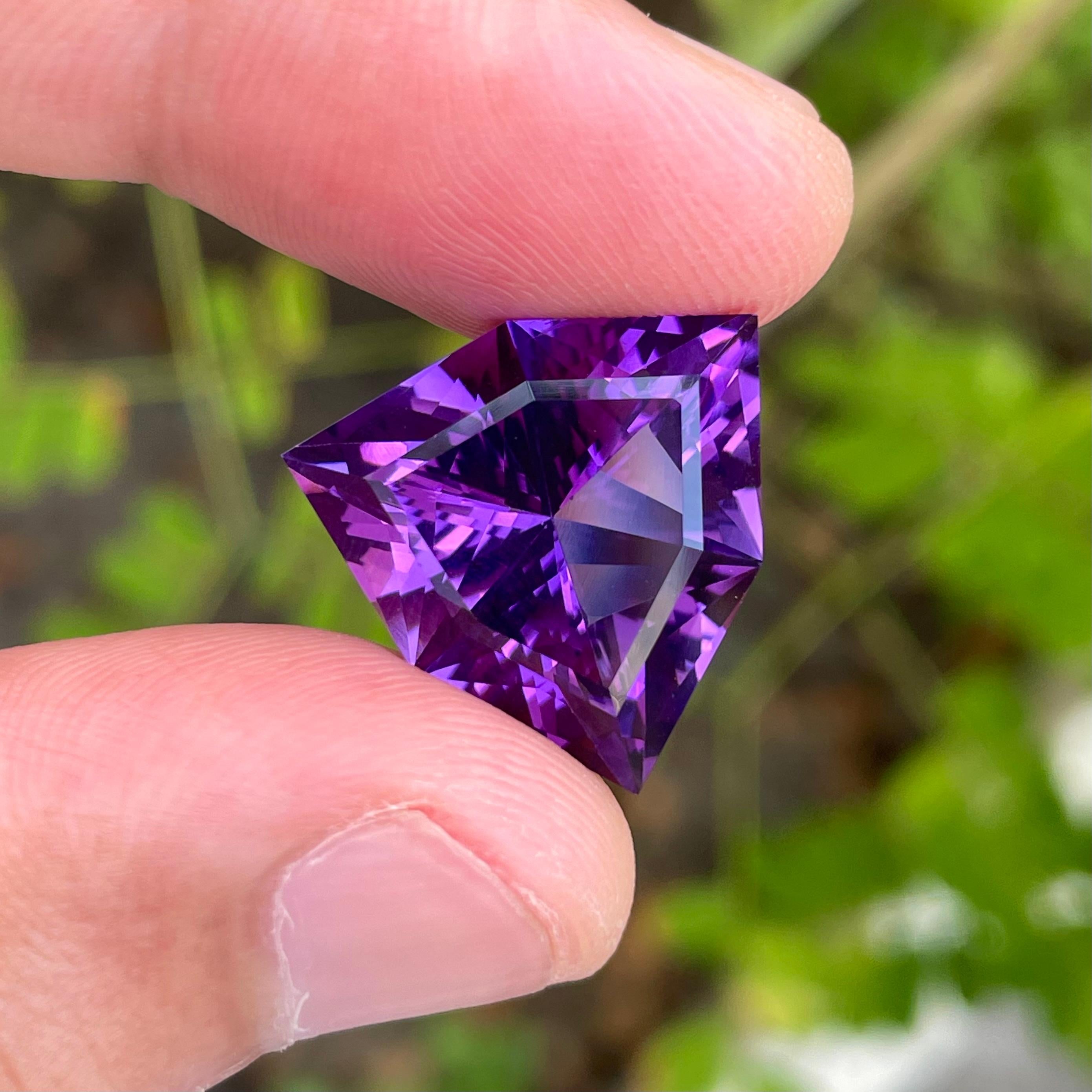 Weight 15.85 carats 
Dimensions 18.7 x 18.6 x 10.7 mm
Treatment None 
Origin Brazil 
Clarity Loupe Clean 
Shape Triangular 
Cut Trilliant 



Discover the mesmerizing allure of a Purple Amethyst, expertly precision-cut to 16.70 carats, showcasing
