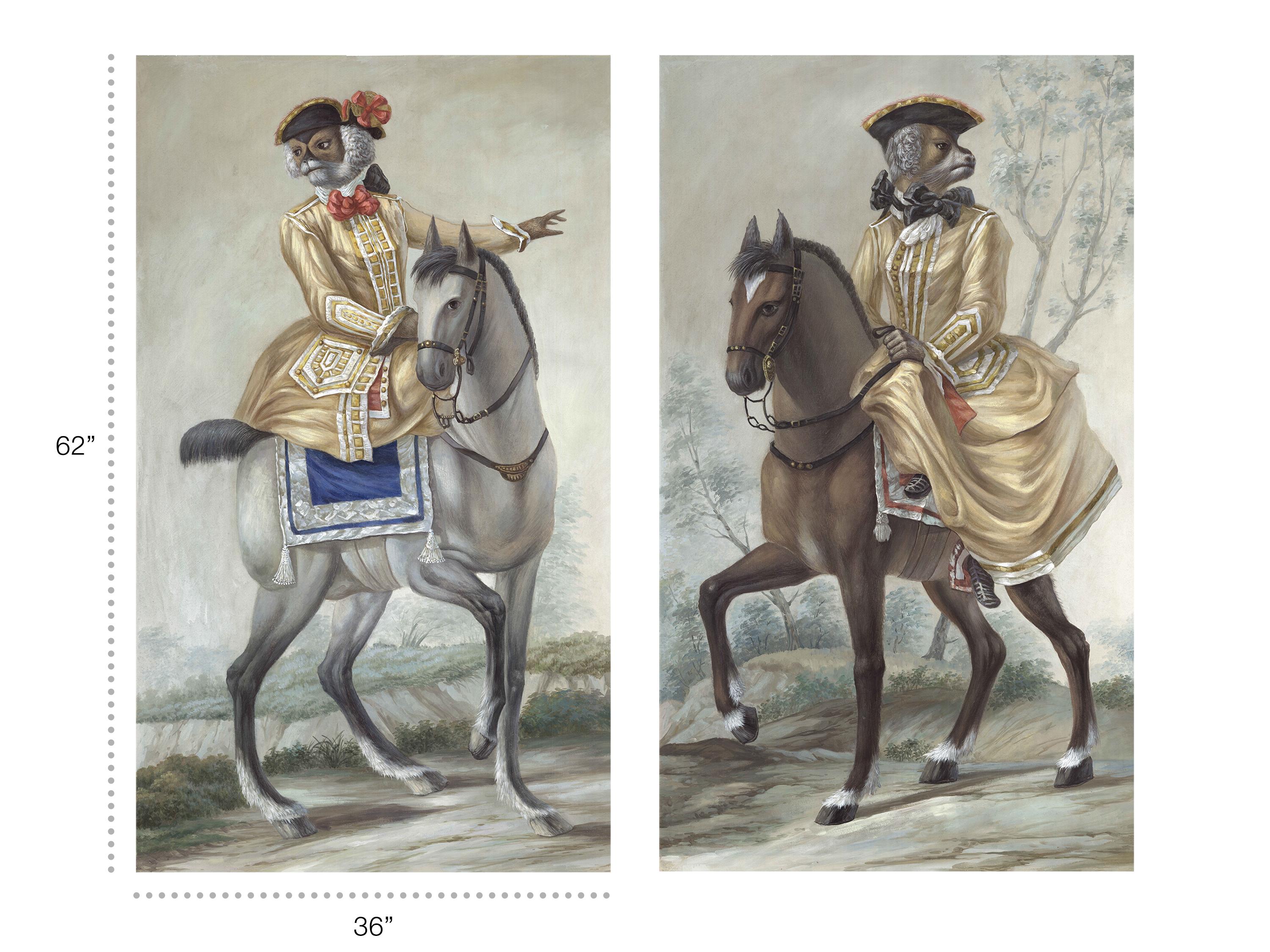 Dieses Paar von Kunstwerken zeigt die Fantasie zweier königlicher Affen zu Pferd, als ob sie Teil der Aristokratie des sechzehnten Jahrhunderts wären.  Jede Tafel ist von Hand auf ein Vliespapier im europäischen Pinselstil der alten Meister gemalt. 