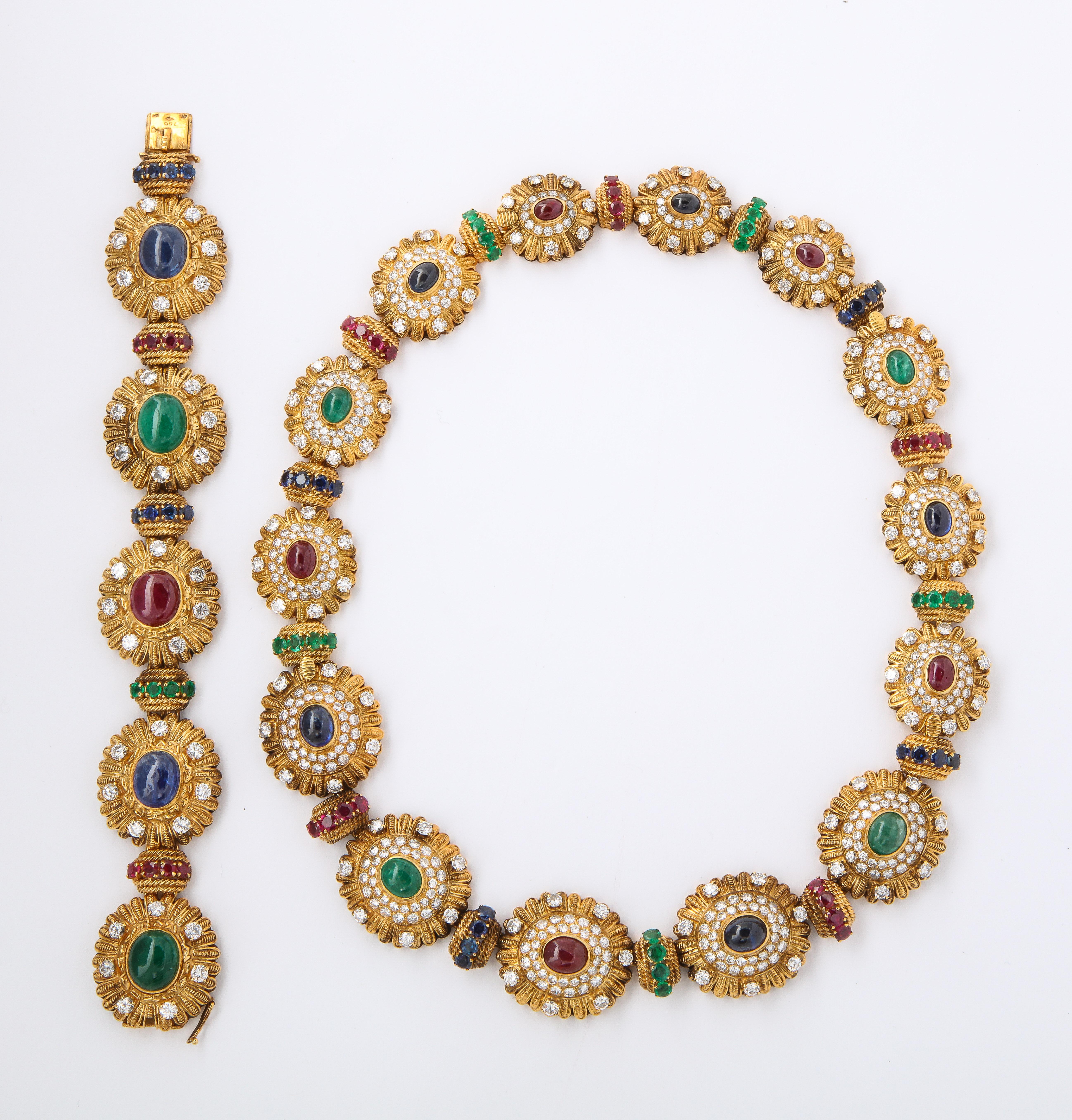 Van Cleef & Arpels Multi Gem & Diamond Necklace & Bracelet Set, made in France Cicra 1965
This extremely Beautiful multi gem ruby, sapphire & emerald set made by Van Cleef & Arpels is from the royal collection of  Queen Anne-Marie of Greece. Wear it