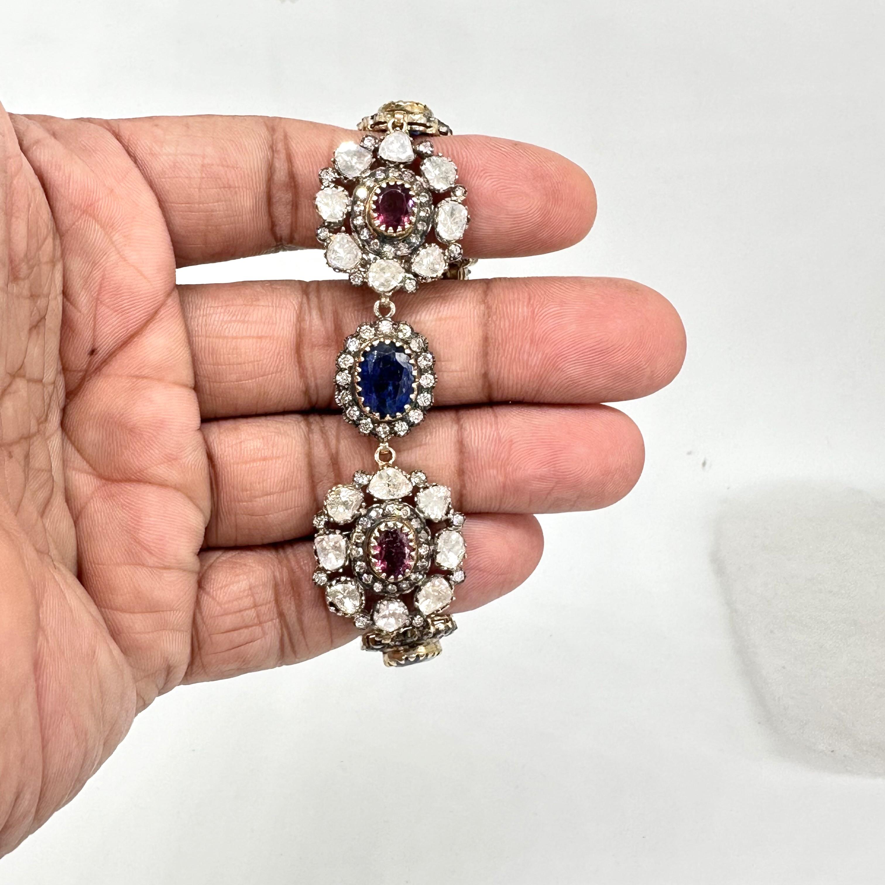Antique natural diamond deep red rubellite blue kyanite 14K gold silver bracelet For Sale 4