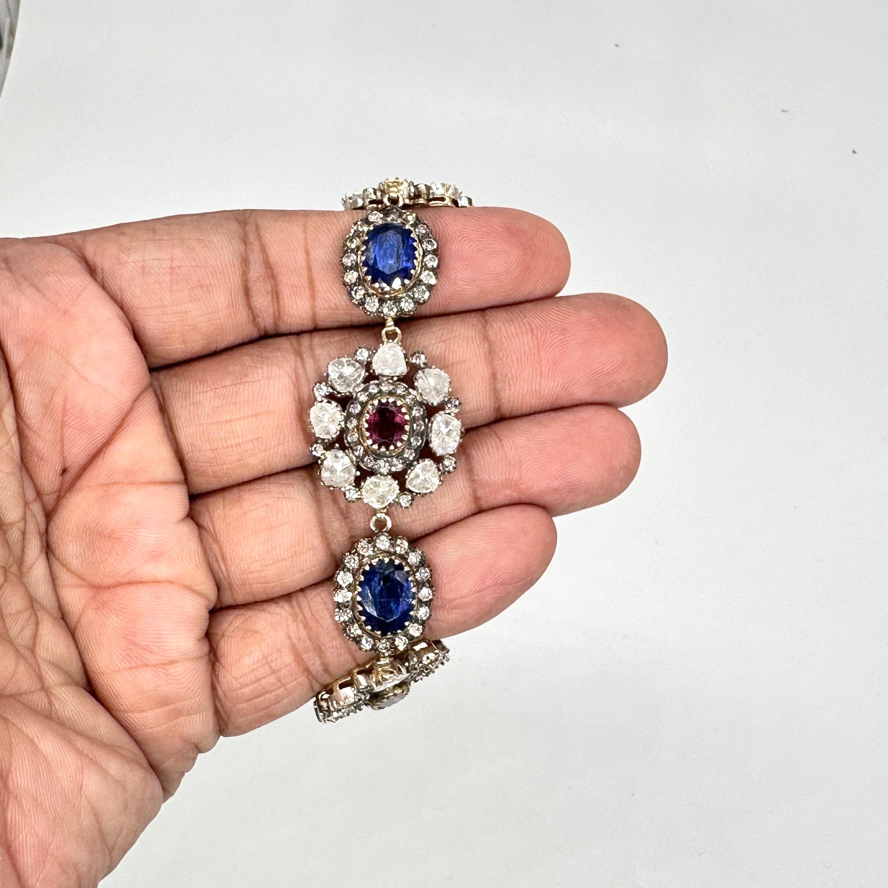 Antique natural diamond deep red rubellite blue kyanite 14K gold silver bracelet For Sale 5