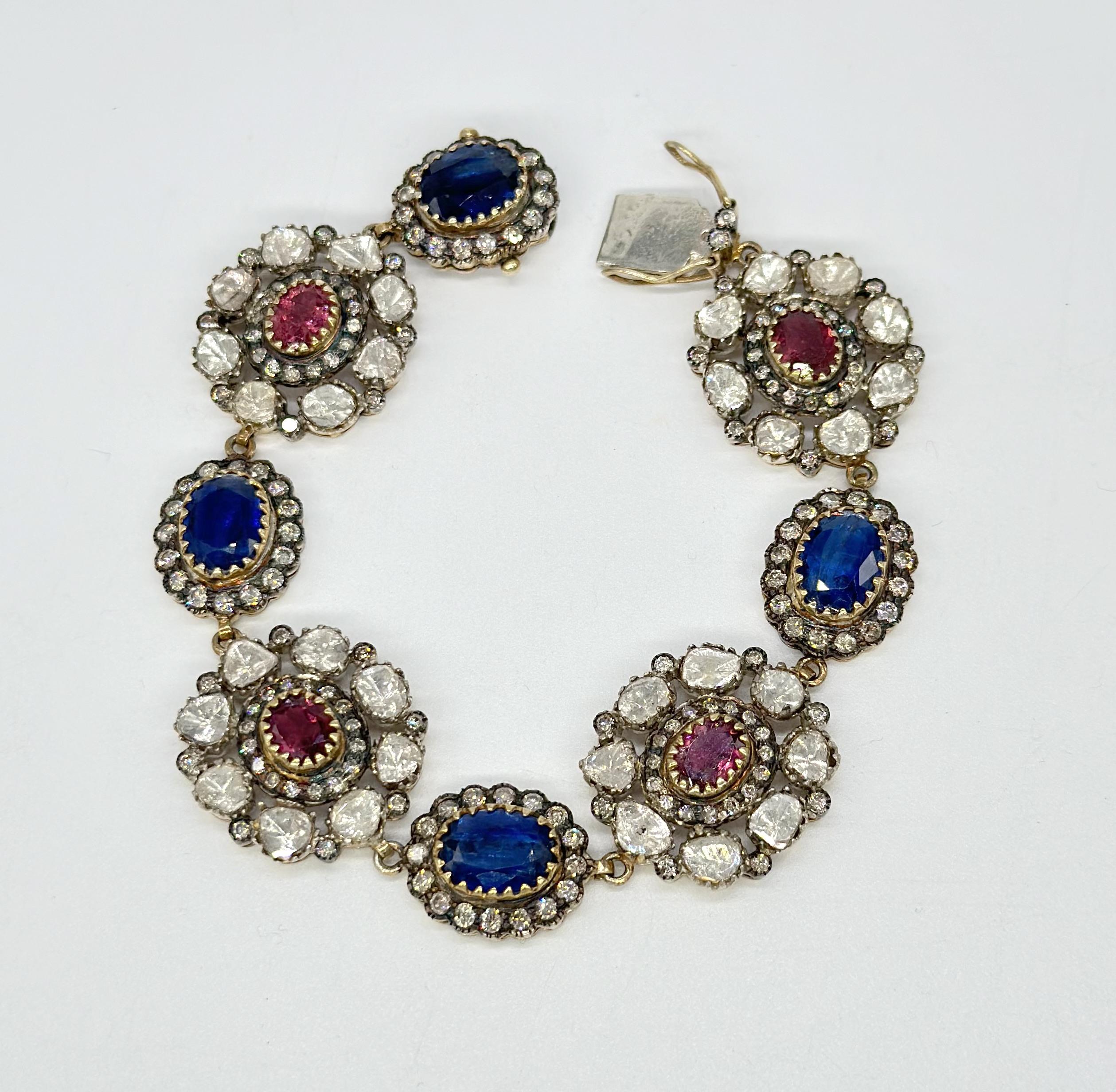 Artisan Antique natural diamond deep red rubellite blue kyanite 14K gold silver bracelet For Sale
