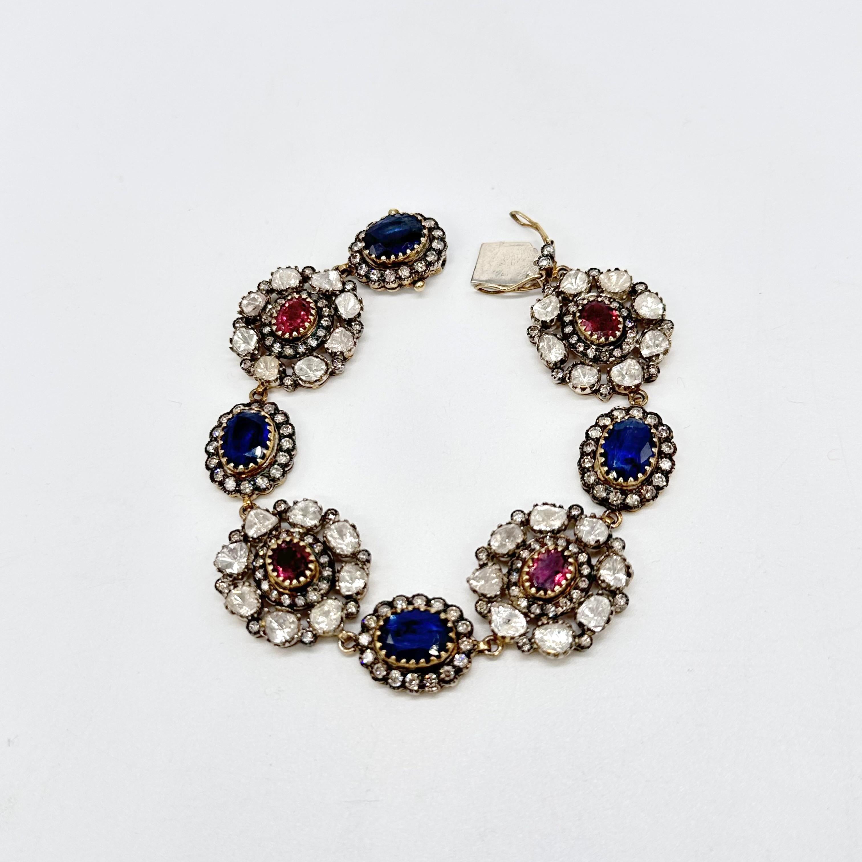 Uncut Antique natural diamond deep red rubellite blue kyanite 14K gold silver bracelet For Sale