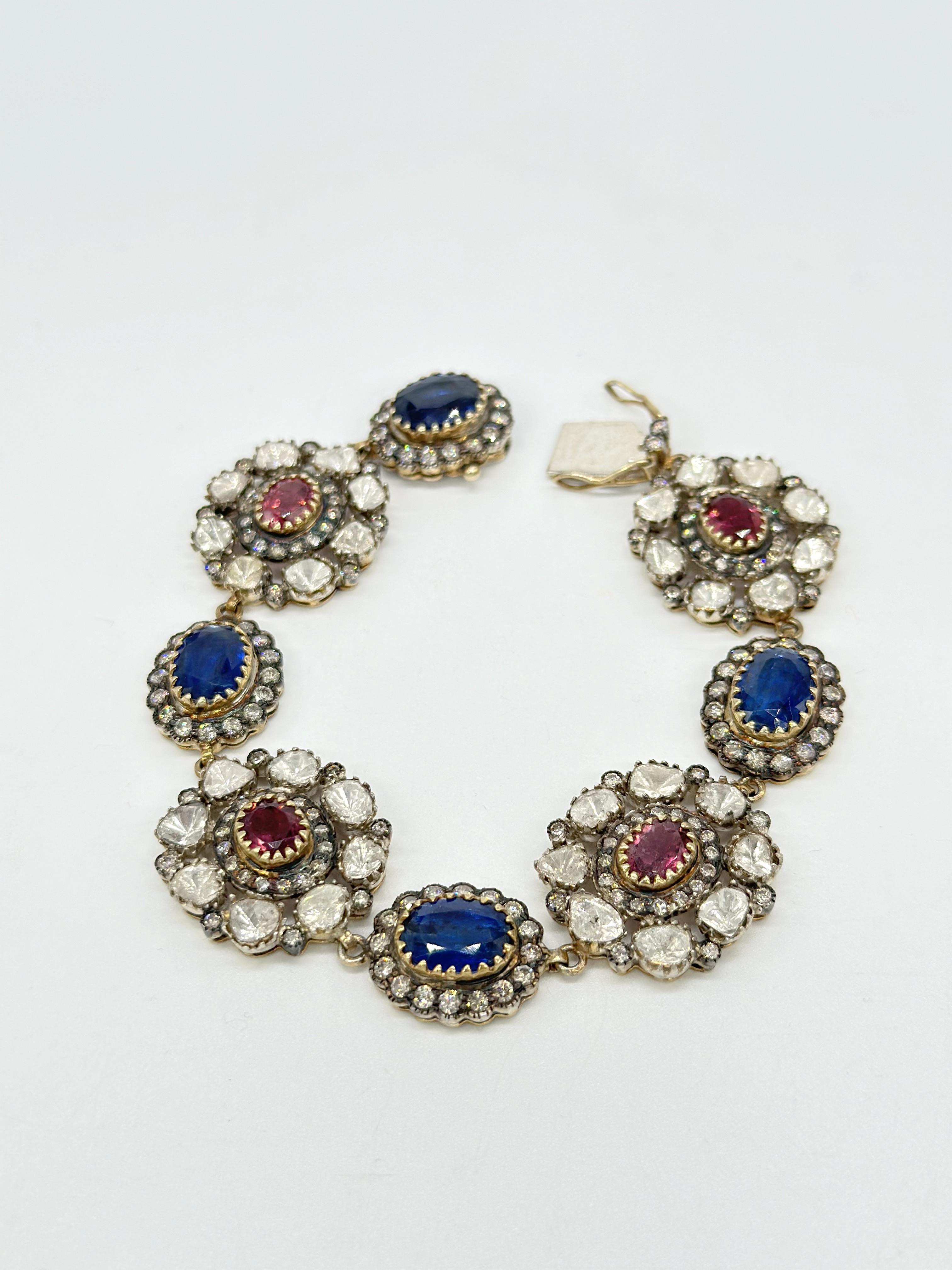 Antique natural diamond deep red rubellite blue kyanite 14K gold silver bracelet In Excellent Condition For Sale In Delhi, DL