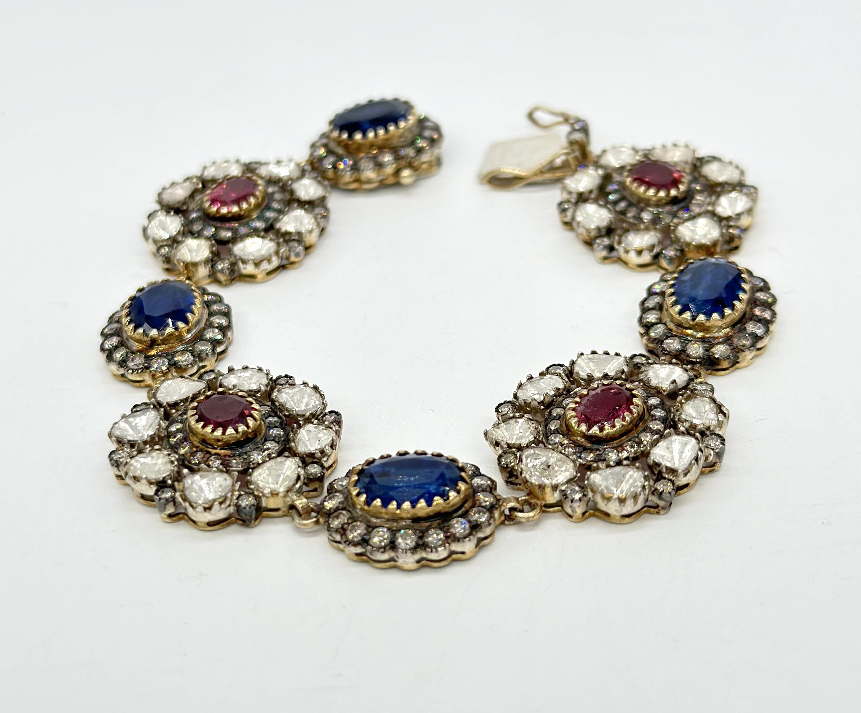 Antique natural diamond deep red rubellite blue kyanite 14K gold silver bracelet For Sale