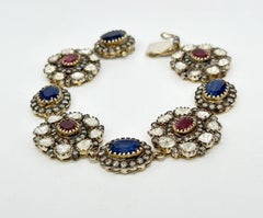 Antikes Armband aus 14 Karat Gold und Silber mit natürlichem Diamanten, tiefrotem Rubellit und blauem Kyanit